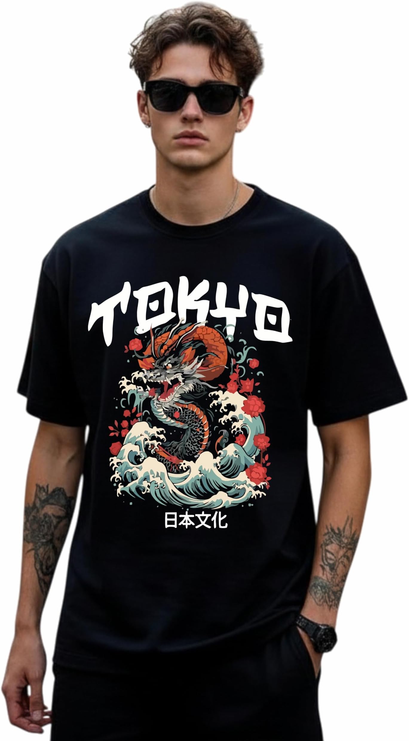 Uniplanet Store Cottton Japan Tokyo Black 3/4 Sleeve Oversized T Shirt for Men Size