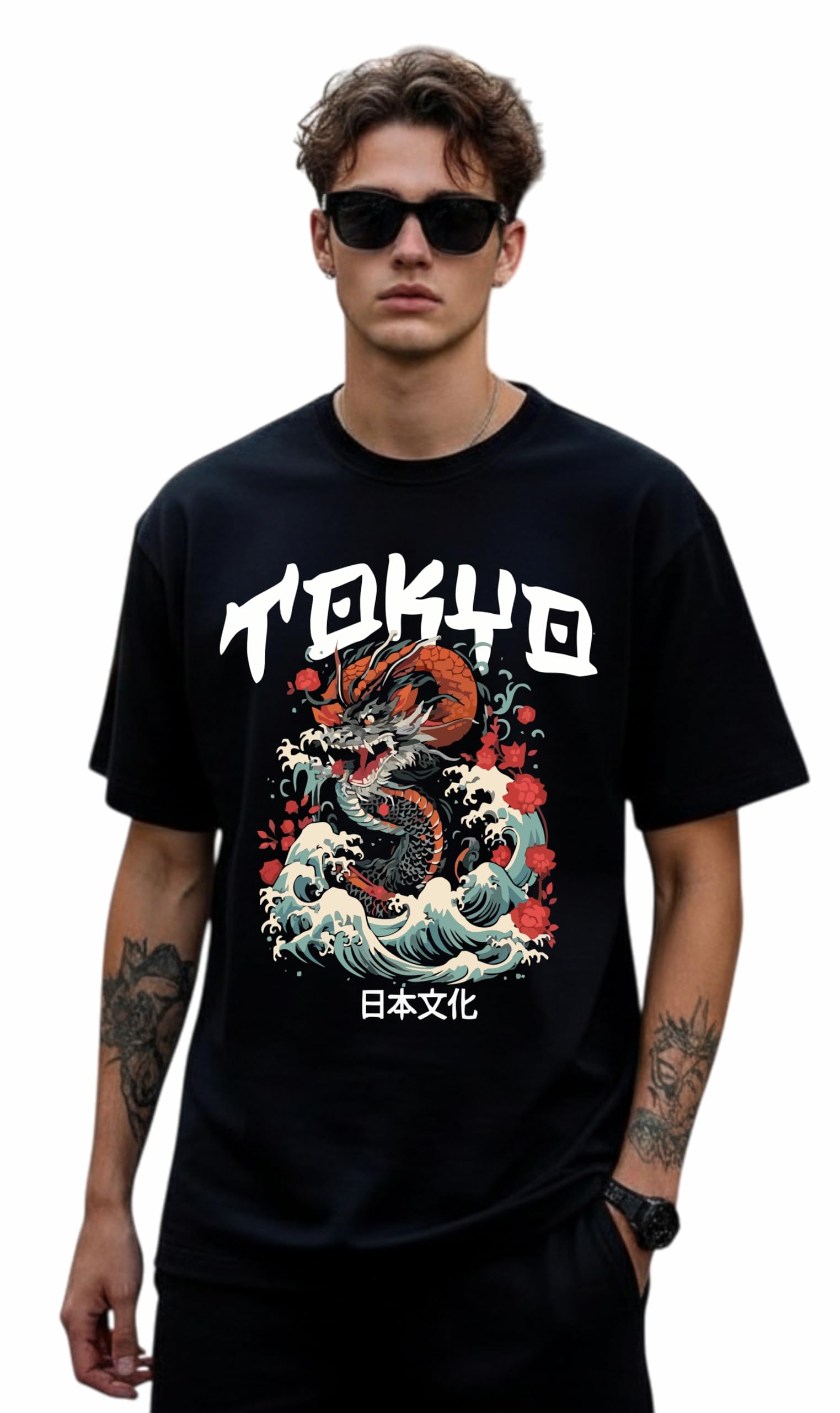 Uniplanet Store Cottton Japan Tokyo Black 3/4 Sleeve Oversized T Shirt for Men Size