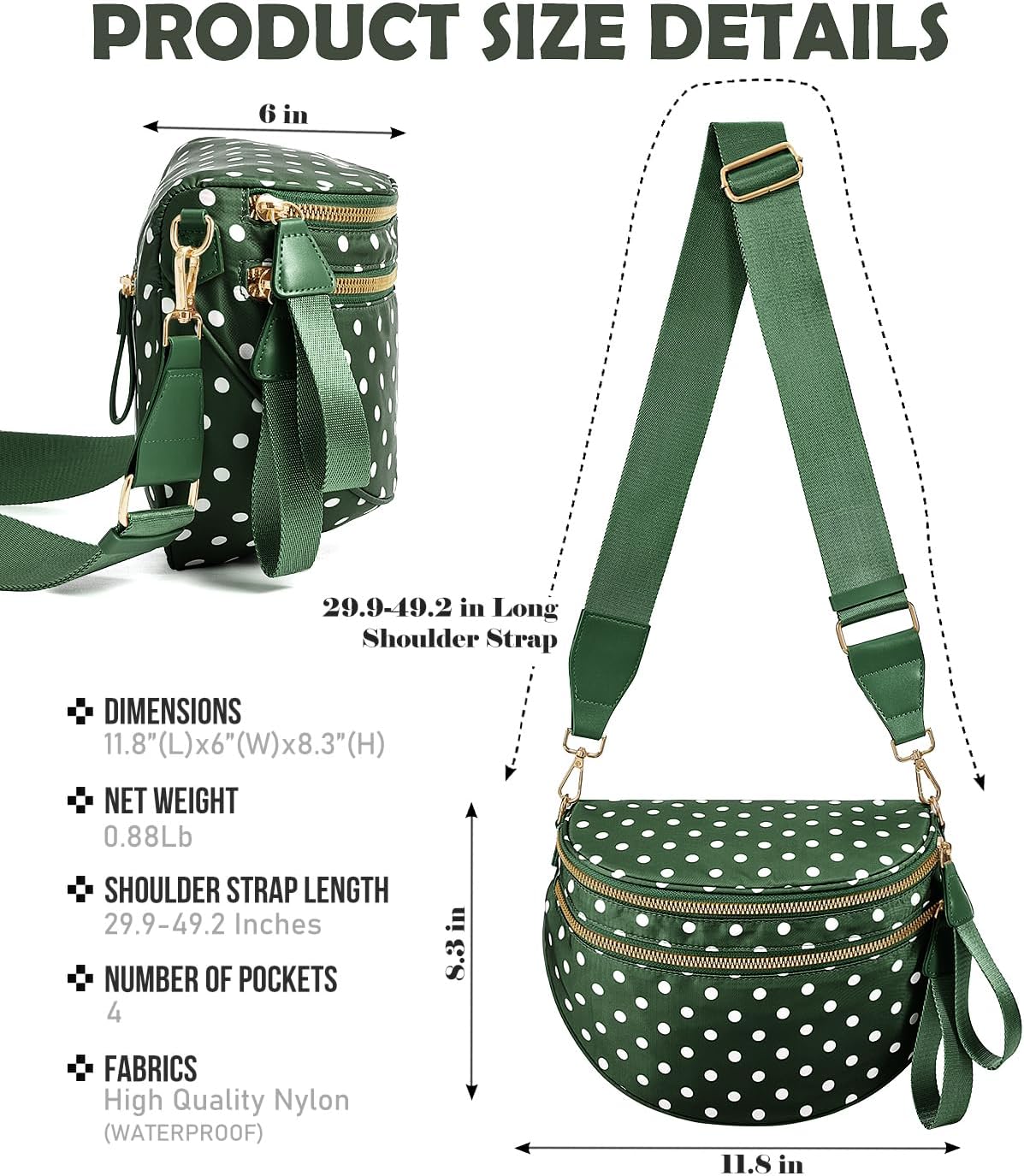 Polka Dots Crossbody Bag Bum Bag for Women,Spacious Checkered Purse Fanny Packs Belt Bag (Bean Green Polka Dots) - Image 3