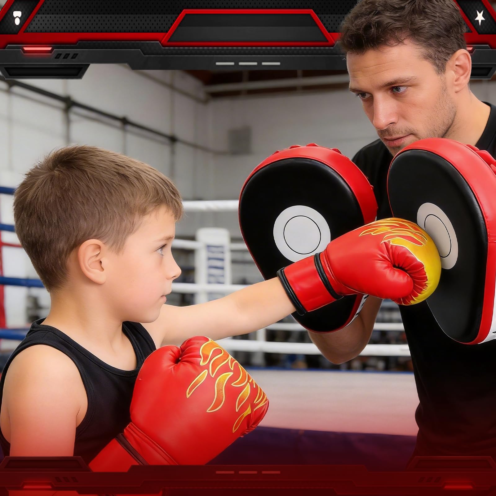 AFAIK 4-in-1 Boxhandschuhe und Pratzen Set Boxen Training Set für Kinder und Jugendliche Boxausrüstung mit Boxhandschuhe Gebogene Handpratzen Reflexball und Handbandagen für Boxtraining MMA, Muay Thai