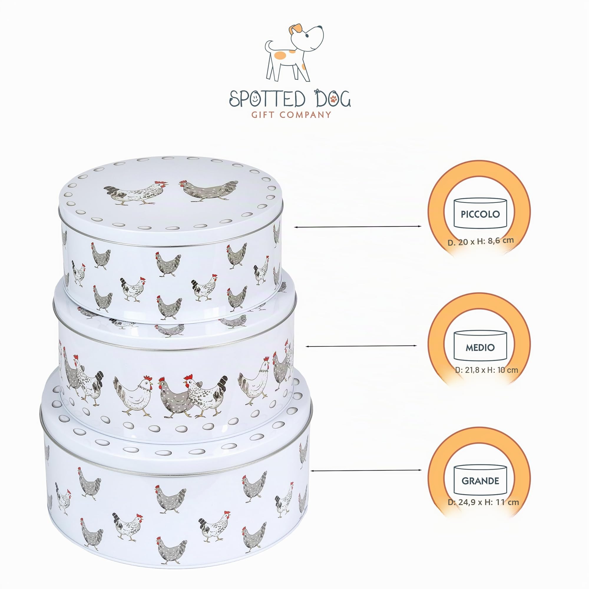 SPOTTED DOG GIFT COMPANY Set di 3 Scatole di Latta, Contenitori Impilabili per Biscotti in Metallo, Barattoli di Latta Rotondi Ermetici per Conservare Torte e Alimenti, Piccoli Medi Grandi - Galline