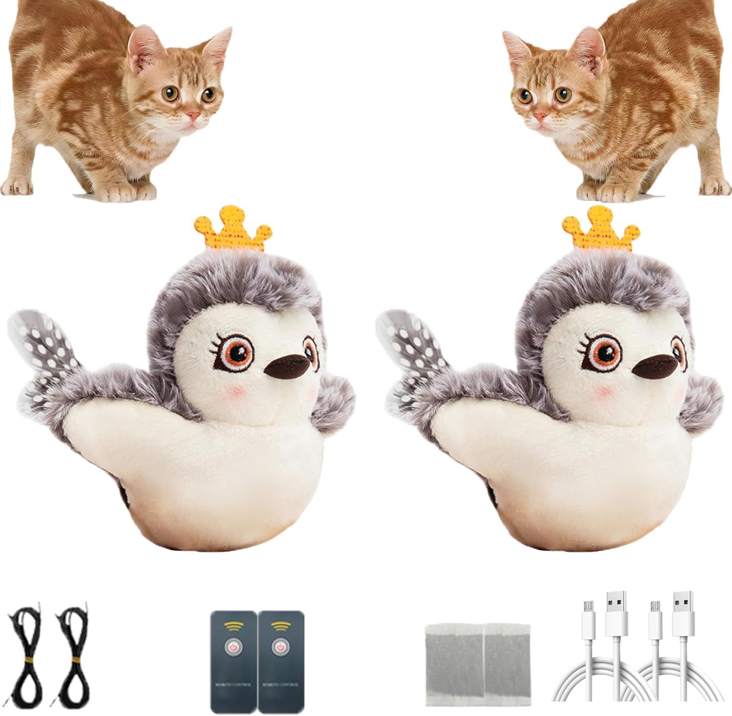 Yanobia Piper Tomi Cat Toy, Flapping Bird Cat Toys with Remote, Rechargeable Owl Touch Activated Kitten Toy, Chirping Bird Cat Toy Flapping Wings (2Pcs)