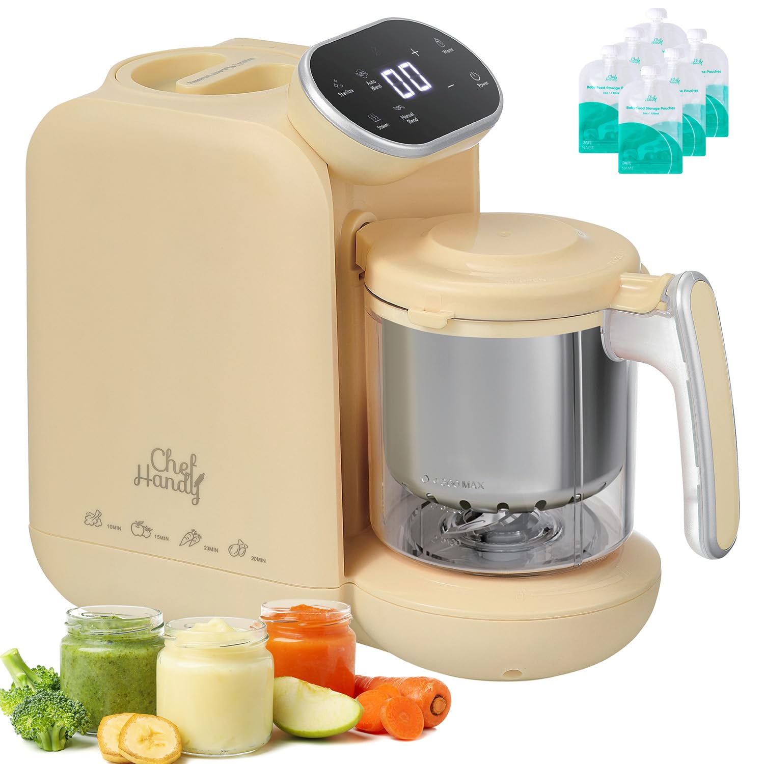 Chefhandy Cuocipappa per Neonati Multifunzione 5-in-1,Omogeneizzatore per Neonati con funzione vapore,frullatura,scaldalatte e allarme acqua insufficiente Per tutte le fasi del bambino (Giallo)
