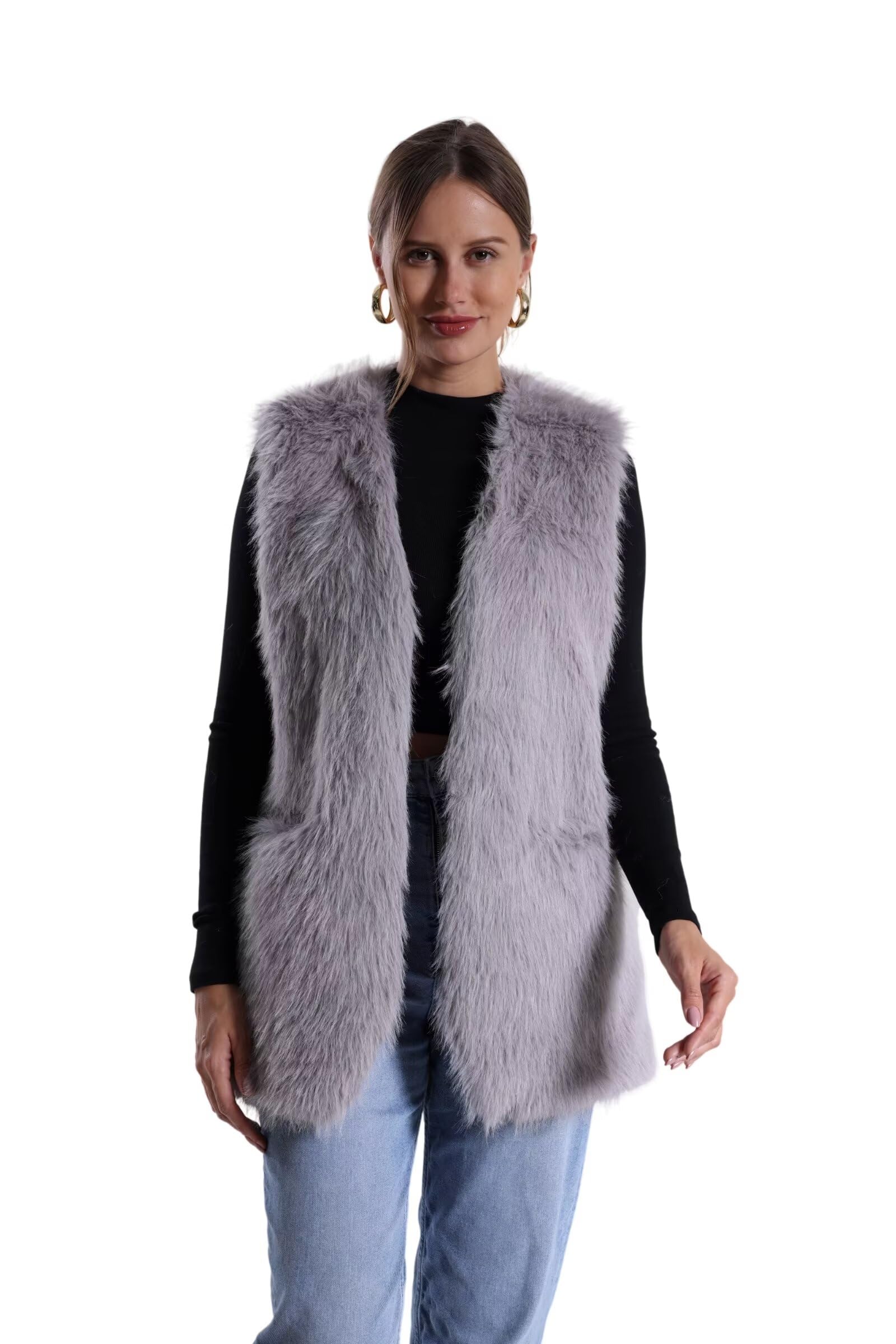 Chaleco de piel sintética de conejo para mujer, abrigo de invierno con cuello en V, sin mangas, mullido, cálido, chaleco de piel sintética con bolsillos