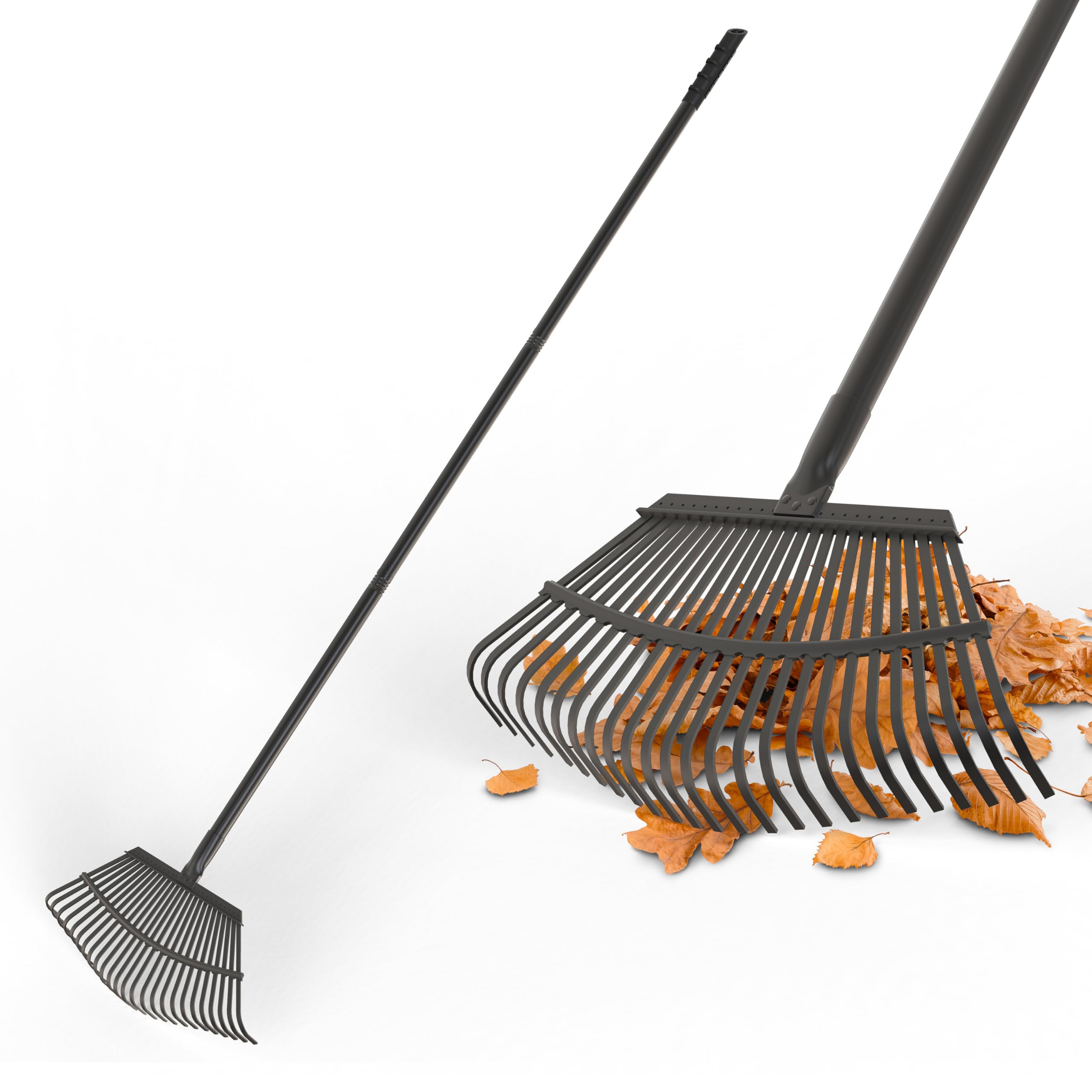 Garden Rake Heavy Duty, 25-tooth Metal Rake Upgraded 65-inch Adjustable Long Handle, Wide Metal Head for Leaf Yard Cleanup & Lawn Levelling Garden Leveller
