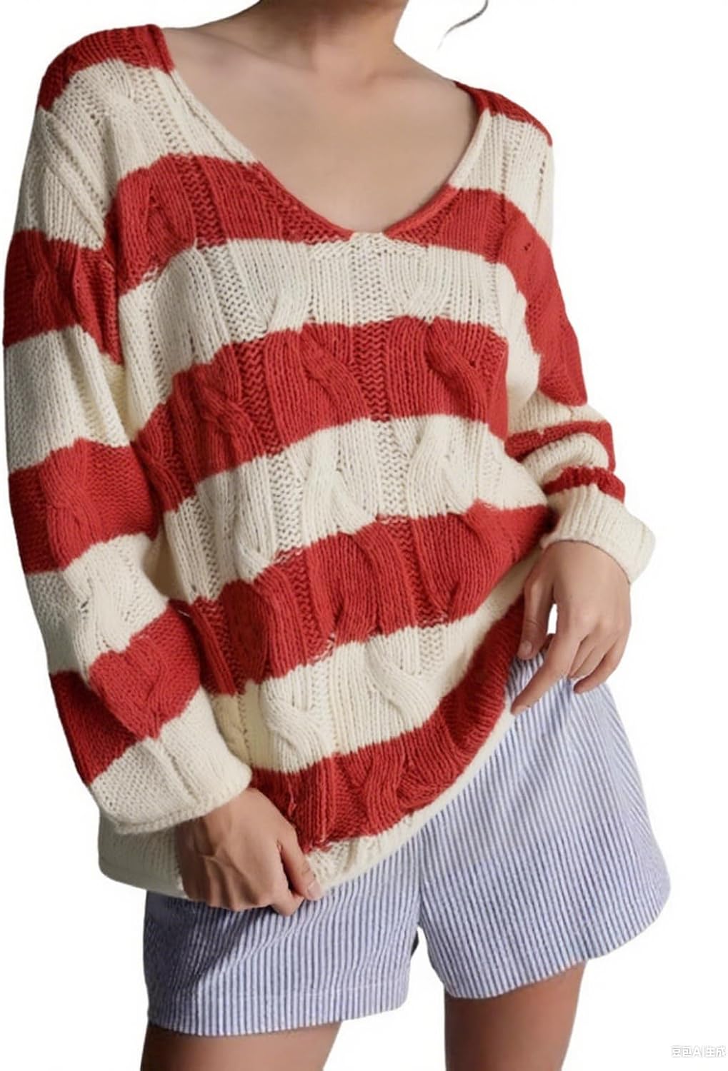 Melliflo Womens Oversized Cable Knit Sweater Fall V Neck Chunky Knit Sweater Casual Pullover Sweater Top