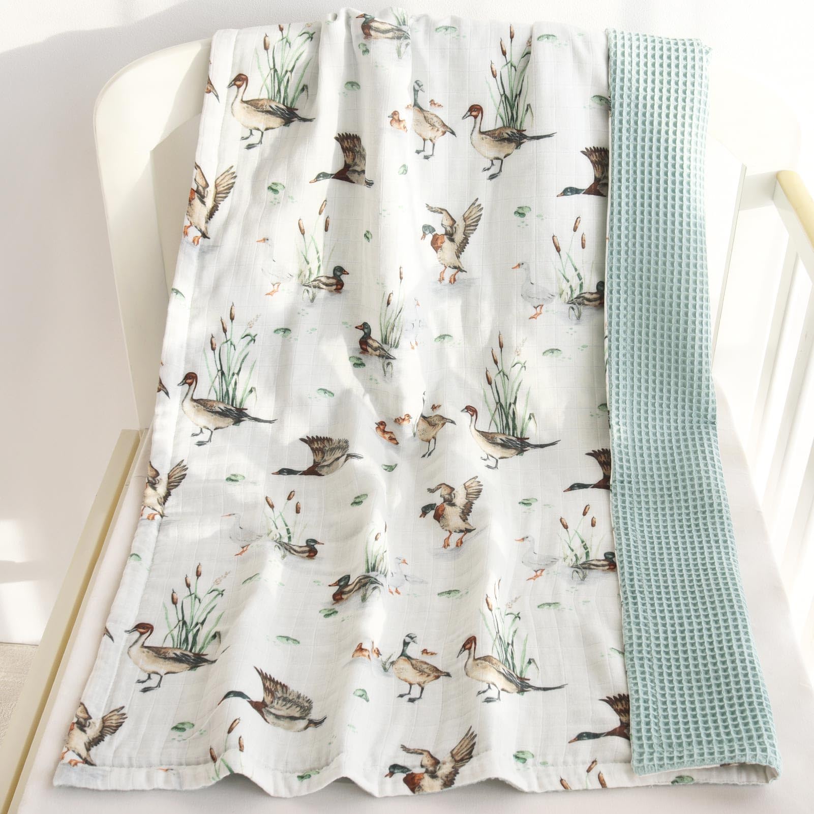 LifeTree Mantas de bebé de gofre, manta de muselina para niños y niñas, 2 capas para cochecito de cuna con parte delantera de muselina y respaldo de gofre para bebés recién nacidos