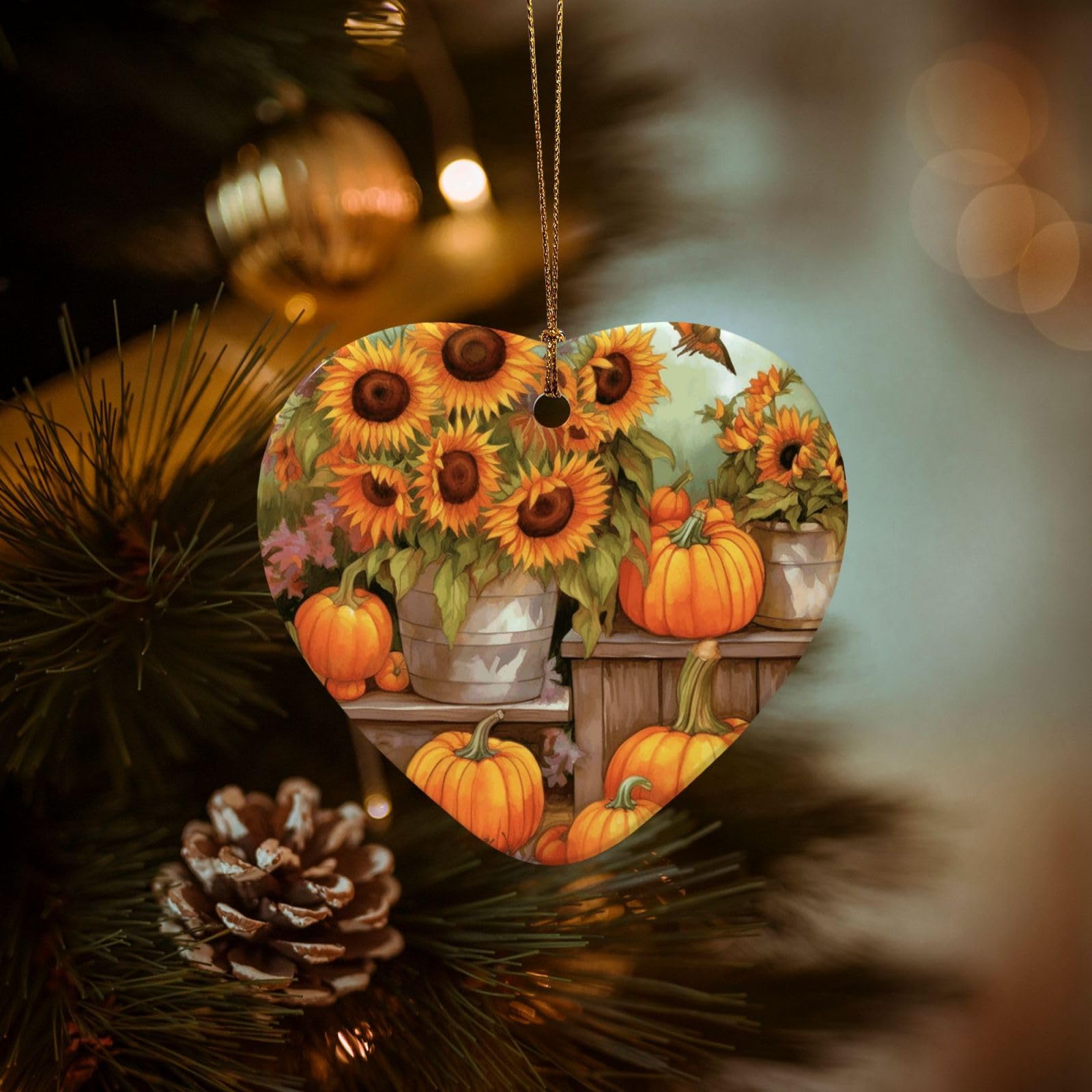 Christmas Ornaments for Christmas Tree Decoration Hanging Autumn Sunflowers Pumpkins Ornament with Gold Ribbon Crafts Heart Shape Ceramic Pendant for Keepsake Gifts Xmas Decor Party Supplies