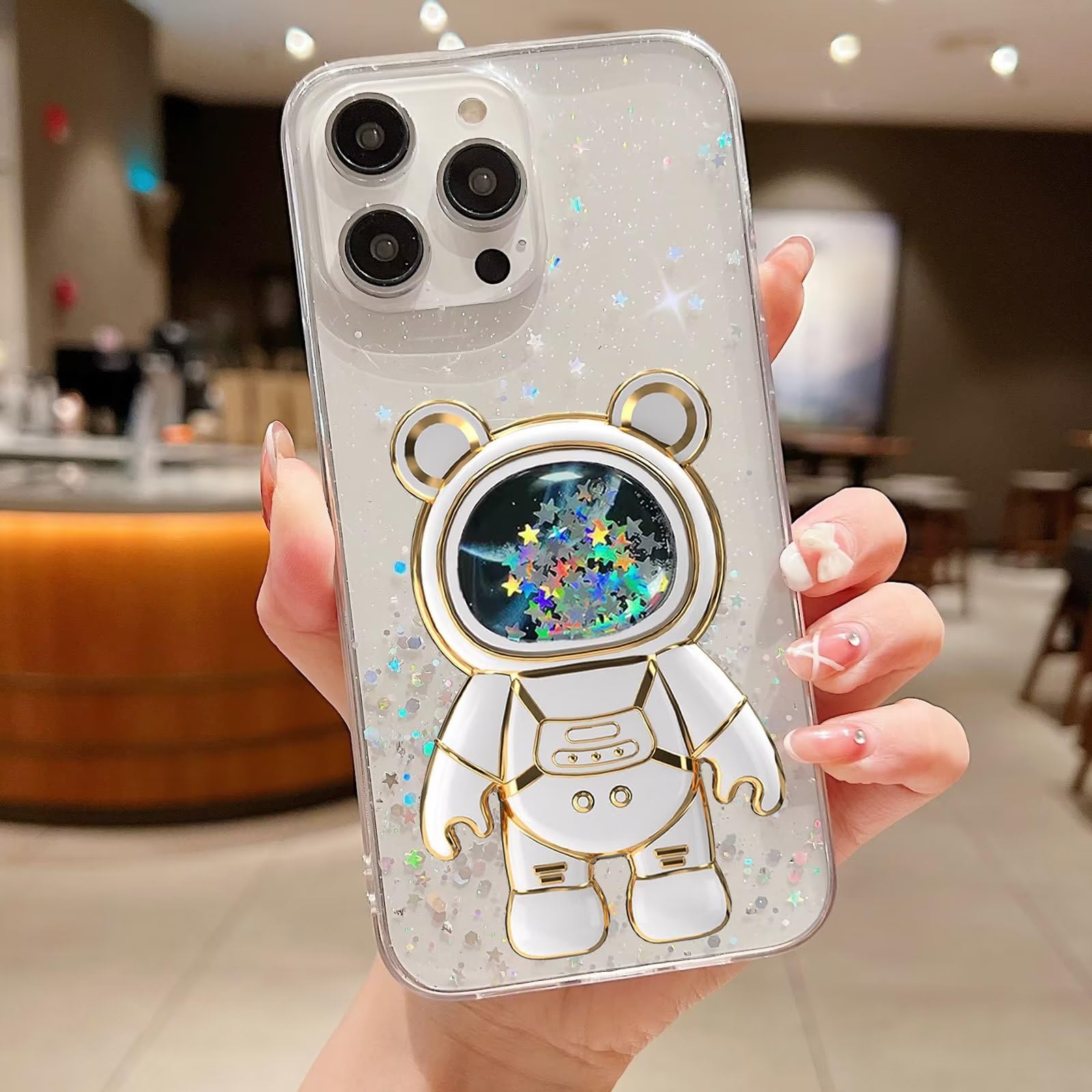 Rnrieyta Miagon Bear Astronaut Glitter Stand Case for Huawei P30 Pro,Bling Transparent Soft Quicksand Protective Slim Shockproof Cover with Astronaut Holder Kickstand,Transparent