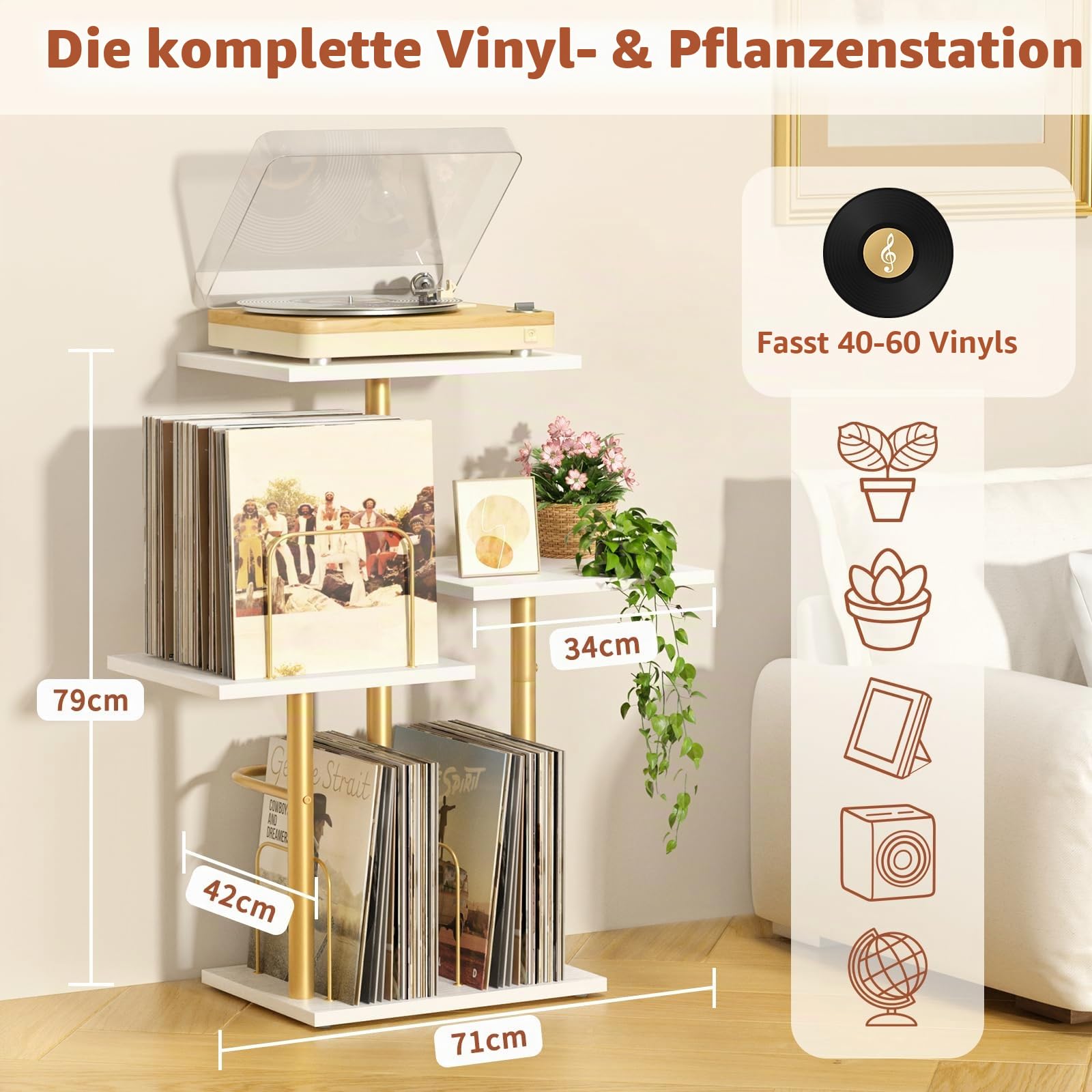 Bikoney Plattenspieler-Ständer mit Vinyl-Regal und LP-Ablage Gold