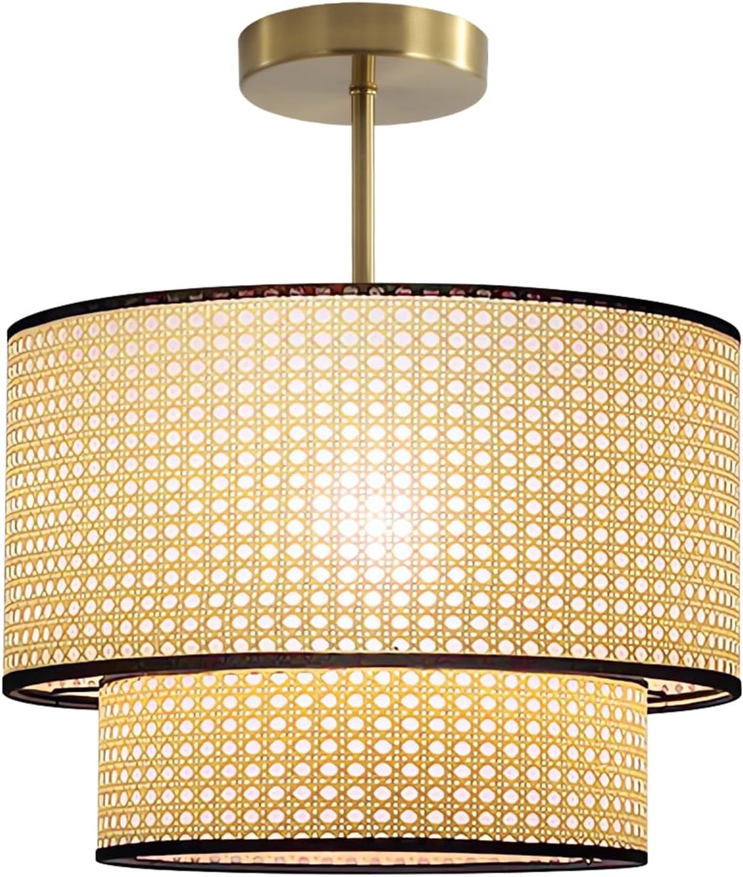 Rattan Semi Flush Mount Ceiling Light Boho Ceiling Light Fixtures with Double Tier Woven Shade Modern Coastal Chandelier Brush Brass Close to Ceiling Light for Living Room Bedroom MPL09-BG-40