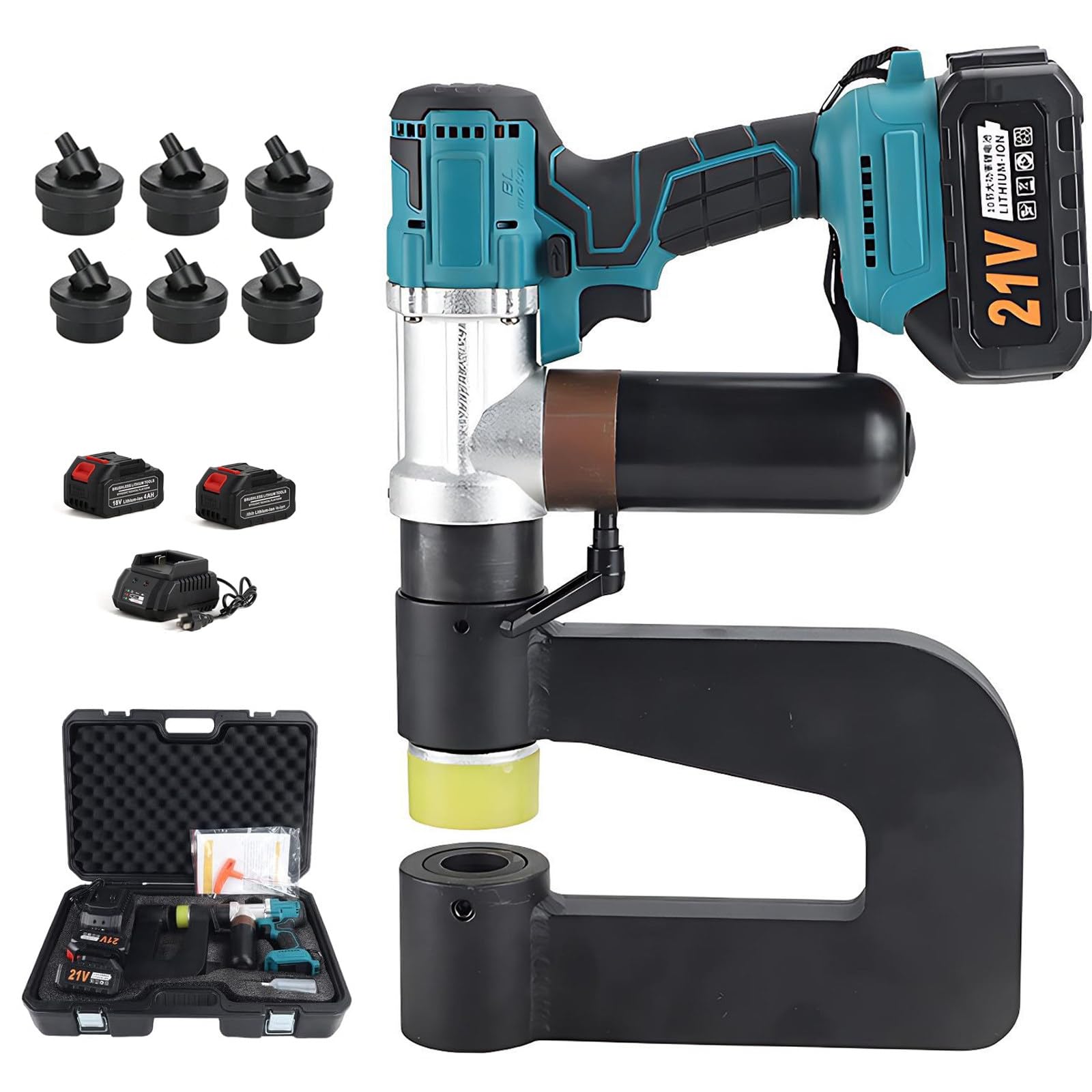 Macchina Punzonatrice Idraulica, Kit Punzonatrice a Batteria 21V, Dotato di 6 Set di Punzoni e Matrici in Acciaio Legato, Utensile per Punzonatura Metalli per Edilizia e Lavori Elettrici MZS 32B