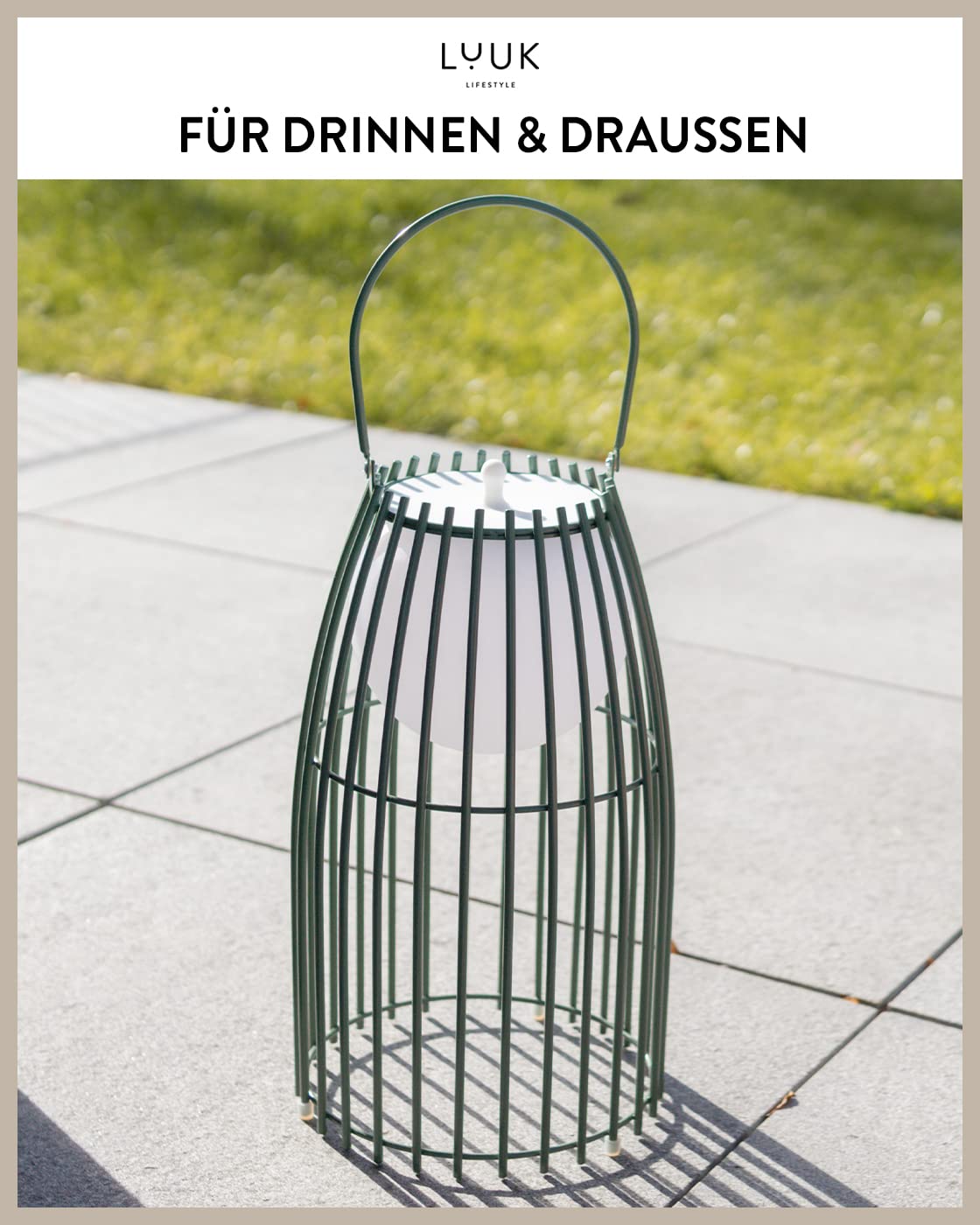 LUUK LIFESTYLE Hochwertige LED Lampe, wiederaufladbar bis zu 72 Std. Leuchtdauer, Outdoor Laterne in schlichtem Design, Camping Licht, moderne Dekoration, Innen und außen, Akkuleuchte, USB, grün matt