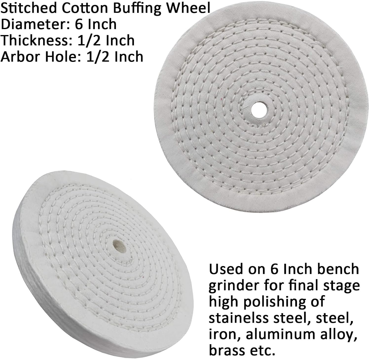 PURUI 2PC 6 Inch Polishing Buffing Wheels for Bench Grinder Spiral Sewn with 1/2" Arbor Hole and 1/2" Thickness White Cotton for Final Finishing on All Metals
