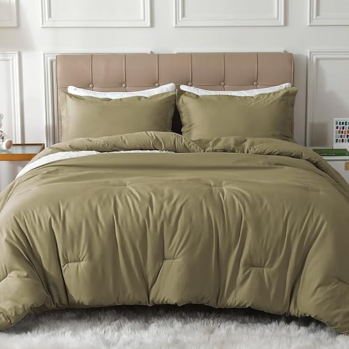 Juego de edredón de tamaño matrimonial, juego de edredón verde oliva para cama de tamaño matrimonial, ropa de cama suave y cálida de 3 piezas para