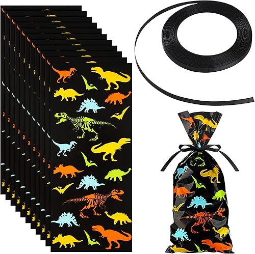 Outus 100 bolsas de celofán de dinosaurio, esqueleto de dinosaurio, bolsas de recuerdos de fiesta con un rollo de cinta para bocadillos de