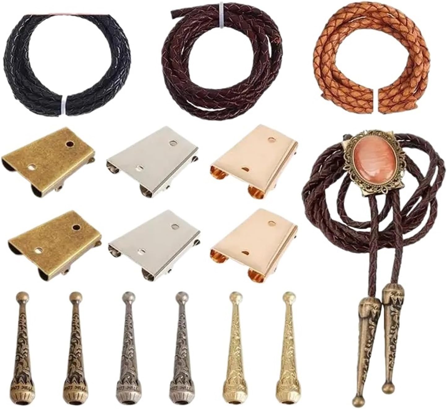 Bolo Tie Making Kit 2 Set -Tie Making Kit,Tie Head Replacement End Cap with 6 Alloy Wire Ends Iron Slide Buckles