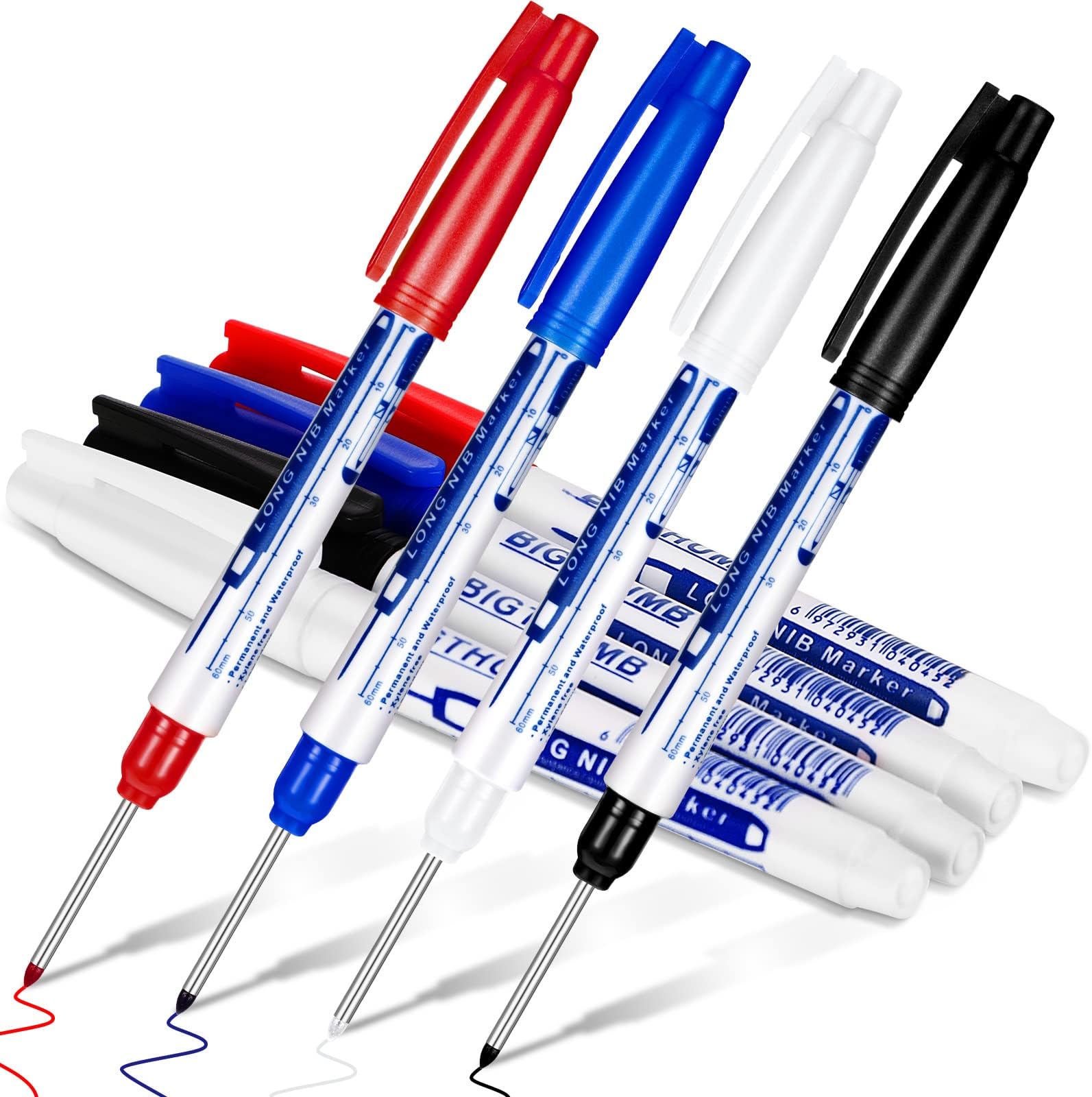 Gersoniel 4 Pcs Deep Reach Markers Long Nose Waterproof Deep Hole Marker Carpenter Ink 30 mm Reach Permanent and Pens for Carpenters Builders Construction, 4 Colors
