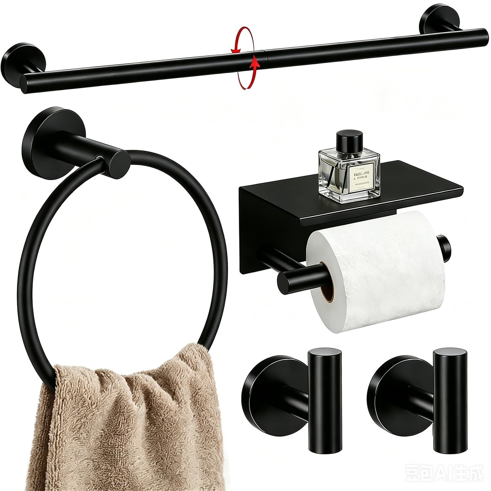 Fendyuz 5 Pcs Matte Black Bathroom Accessories Set - Black Bathroom Accessories Set, Includes Towel Rail, Toilet Paper Holder, Towel Ring and Robe Hooks, Rustproof Waterproof Easy to Install