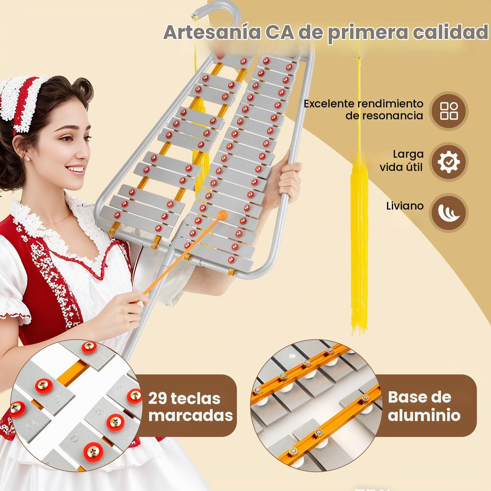 KOMFOTTEU Xilófono de Marcha de 29 Notas, Carillón de Aluminio con Mango Ajustable, Instrumento de Percusión con 2 Mazos y Cinturón, Glockenspiel Musical para Principiantes y Profesionales