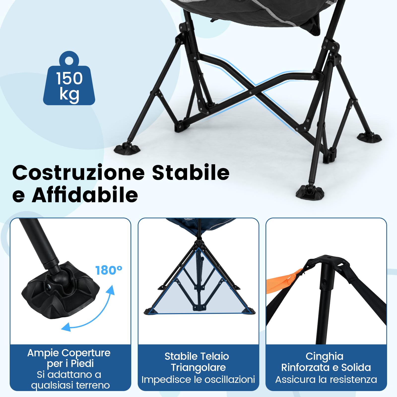COSTWAY Sedia da Campeggio Amaca, Sedia a Dondolo Pieghevole con Portabicchieri, Schienale Regolabile, Poggiatesta, Sedile a Dondolo per Giardino, Patio, Prato, Portata 150 kg (Nero)