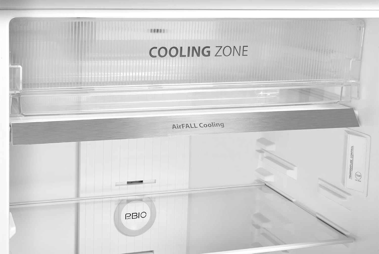 Close-up view of the AirFALL Cooling vent and 'COOLING ZONE' label inside the refrigerator.