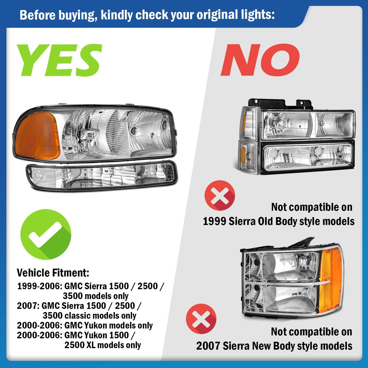 Headlights for 1999-2007 GMC Sierra, for 2000-2006 GMC Yukon Halogen Headlamp Replacement, High/Low Beam W/Bulbs, Driver & Passenger Side Chrome | With High & Low Beam Bulbs OE Replacement