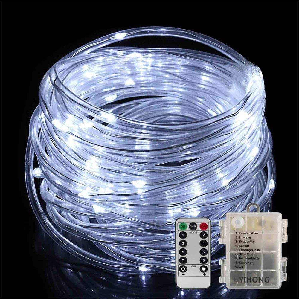 AVEKI Guirnalda de Luces LED, 33 Pies, 100 Luces Con Pilas, Control Remoto y 8 Modos, Impermeables Para Decoración de Interiores y Exteriores, Jardín, Boda