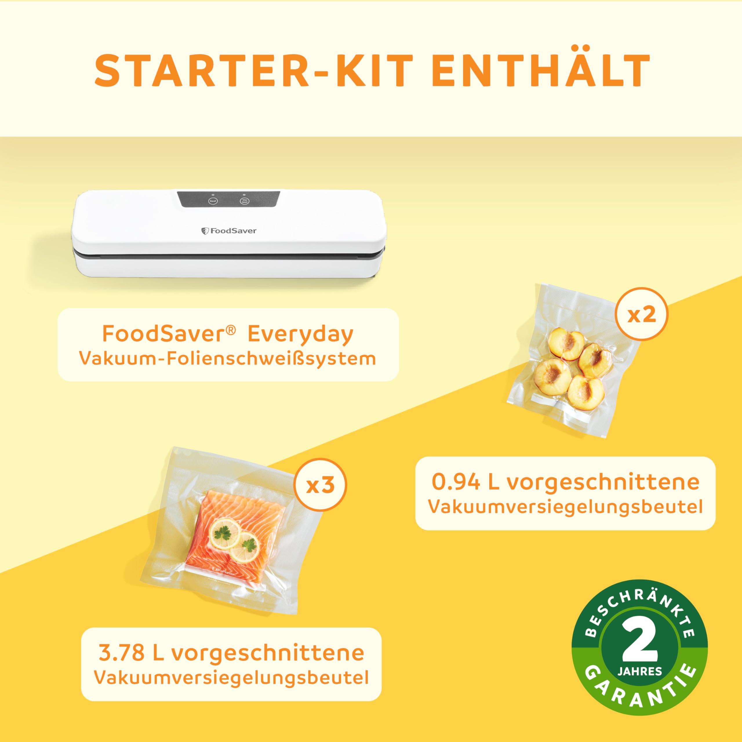 FoodSaver Everyday Vakuumiergerät | hält Lebensmittel bis zu 5X länger frisch | Vakuumierer in kompaktem Design für eine effiziente Aufbewahrung | mit 5 Vakuumierbeuteln (0,94L & 3,78L) | VS0290X