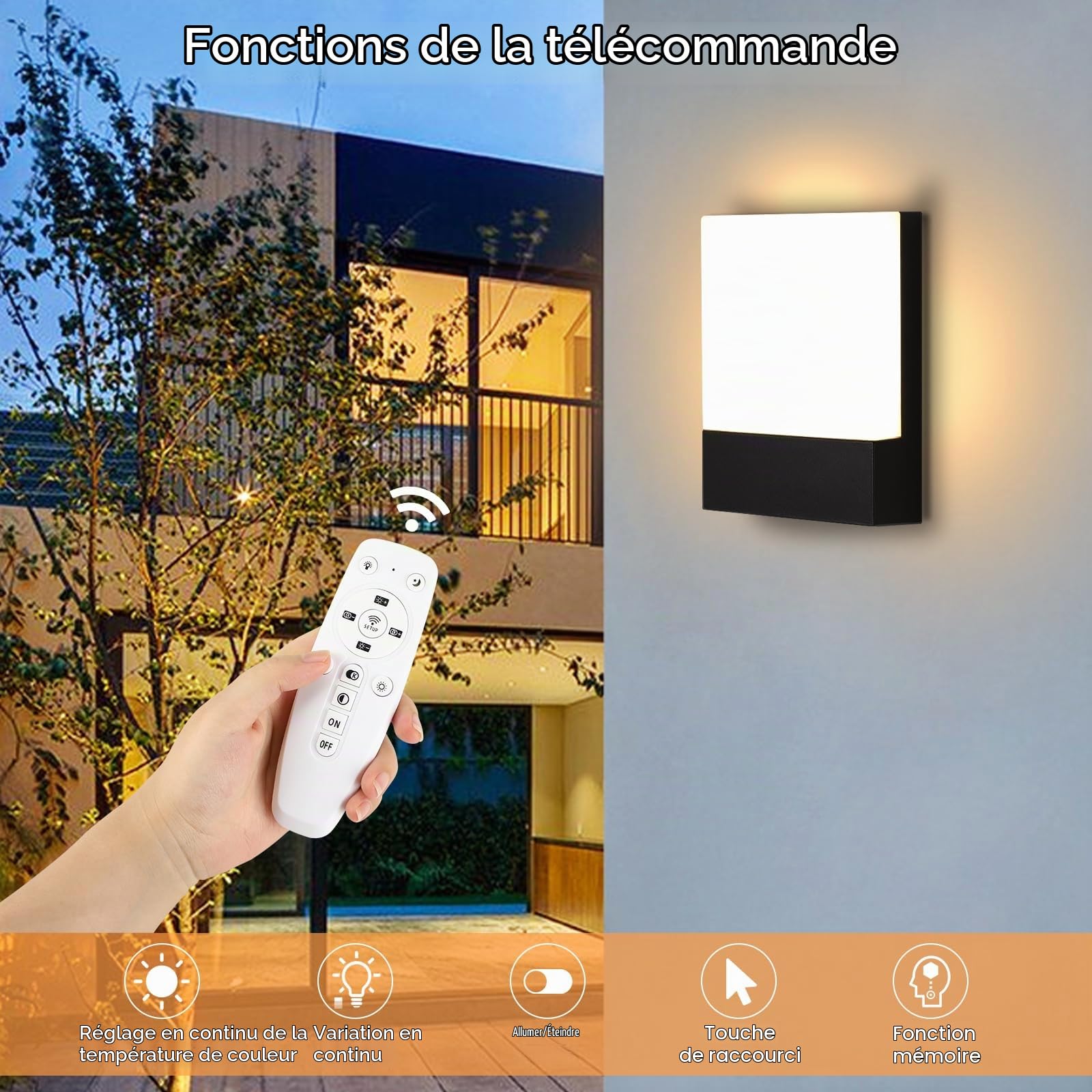Lampe Murale 2.4G Contrôleur à distance APP, IP65 Imperméable Exterieur Applique Murale, LED Lampe de Mur avec 2700K-6500K Régulable Couleur Température pour Balcon, Jardin, Garage