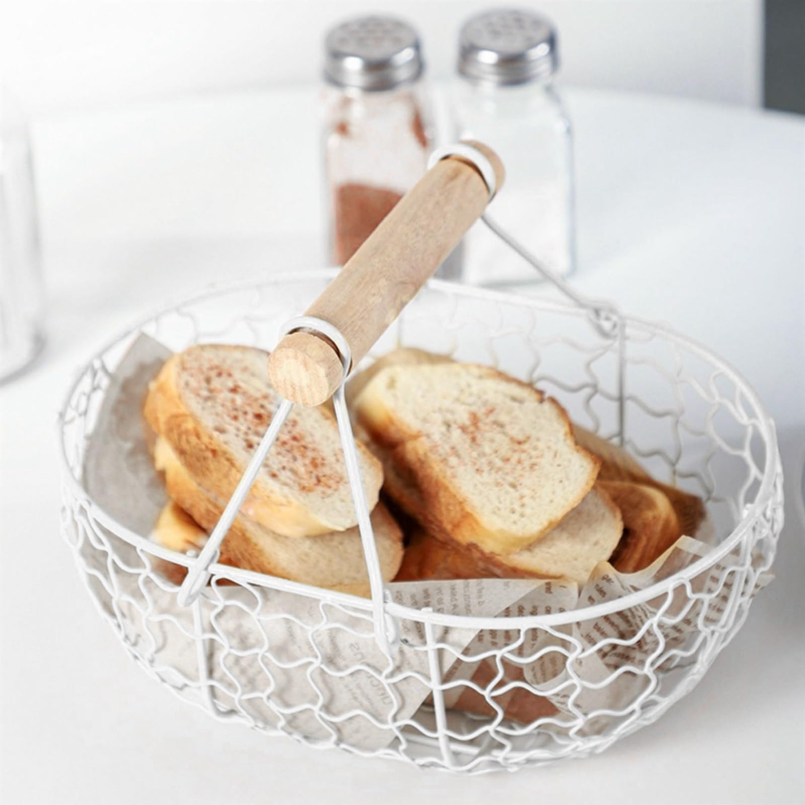 Obstkorb Obstkorb mit Holzgriff, Retro-Korb aus Metall, tragbar, multifunktional, for Gemüse, Obst, Eier, Lebensmittel, praktischer Aufbewahrungskorb, Organizer, Weiß Obstkorb-Schale