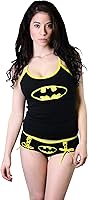 Vista 1 de DC Comics Conjunto de camiseta sin mangas y bragas con logotipo de Batman que brilla en la oscuridad (Juniors S), Negro