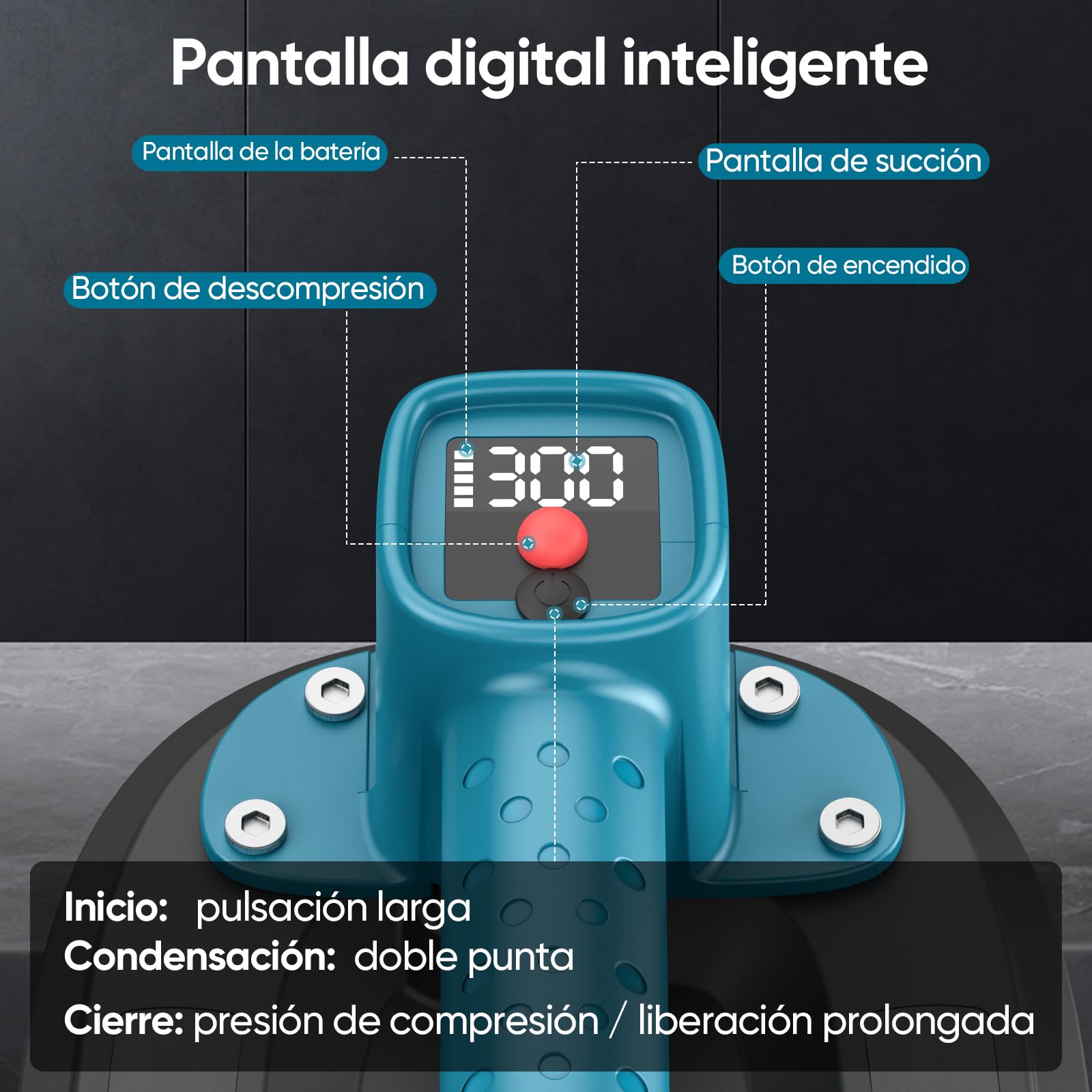 Ventosas Eléctricas para Azulejos, Carga MáX. 300 KG, Pantalla LCD, Batería de 4000 mAh, Función de Aspiración Automática, Doble Motor, 10" Ventosa para Cristal, Madera, Mármol y Cargas Pesadas