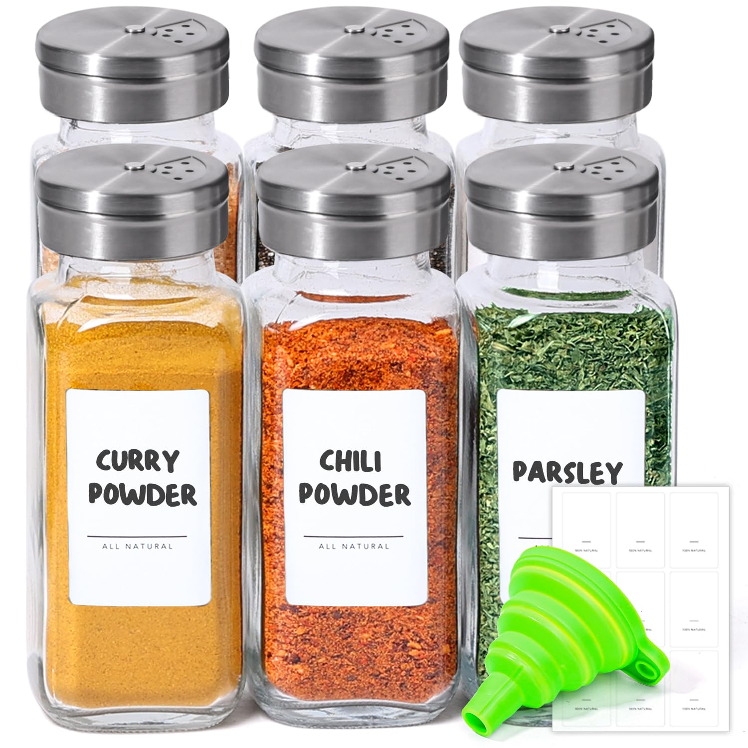 ComSaf Spice Jars with Lids & Labels 6 Pack, 240ml Square Glass Spice Containers with Adjustable Stainless Steel Shaker Tops & Funnel, Herb Jars Seasoning Jars for Rack, Drawer, Organiser
