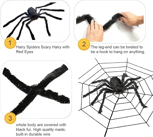Miniatura 7 de 5 piezas de arañas falsas gigantes, arañas peludas realistas con ojos rojos, patas flexibles, accesorios de araña grandes para patio, casa