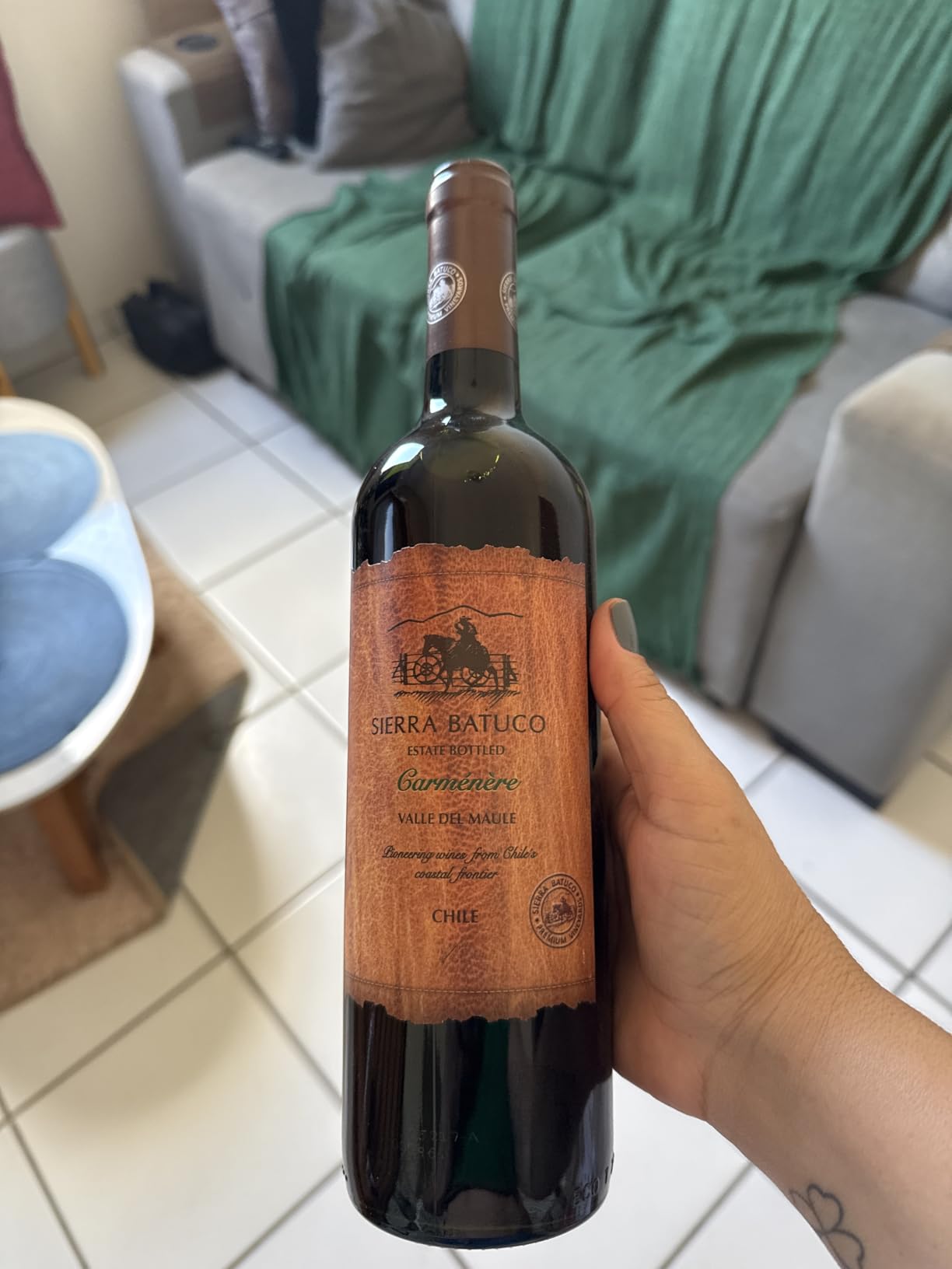 Mão segurando uma garrafa de vinho tinto Sierra Batuco Carmenere 750ml em um ambiente interno com sofá ao fundo.