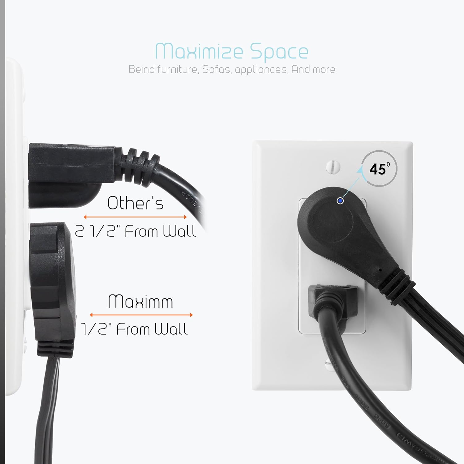 MAXIMM 1 Foot Flat Plug Extension Cord/Wire, 3 Outlet Electrical Cord - 3 Prong Grounded Angled Flat Plug Extension Cord - 16 AWG - Black UL Certified