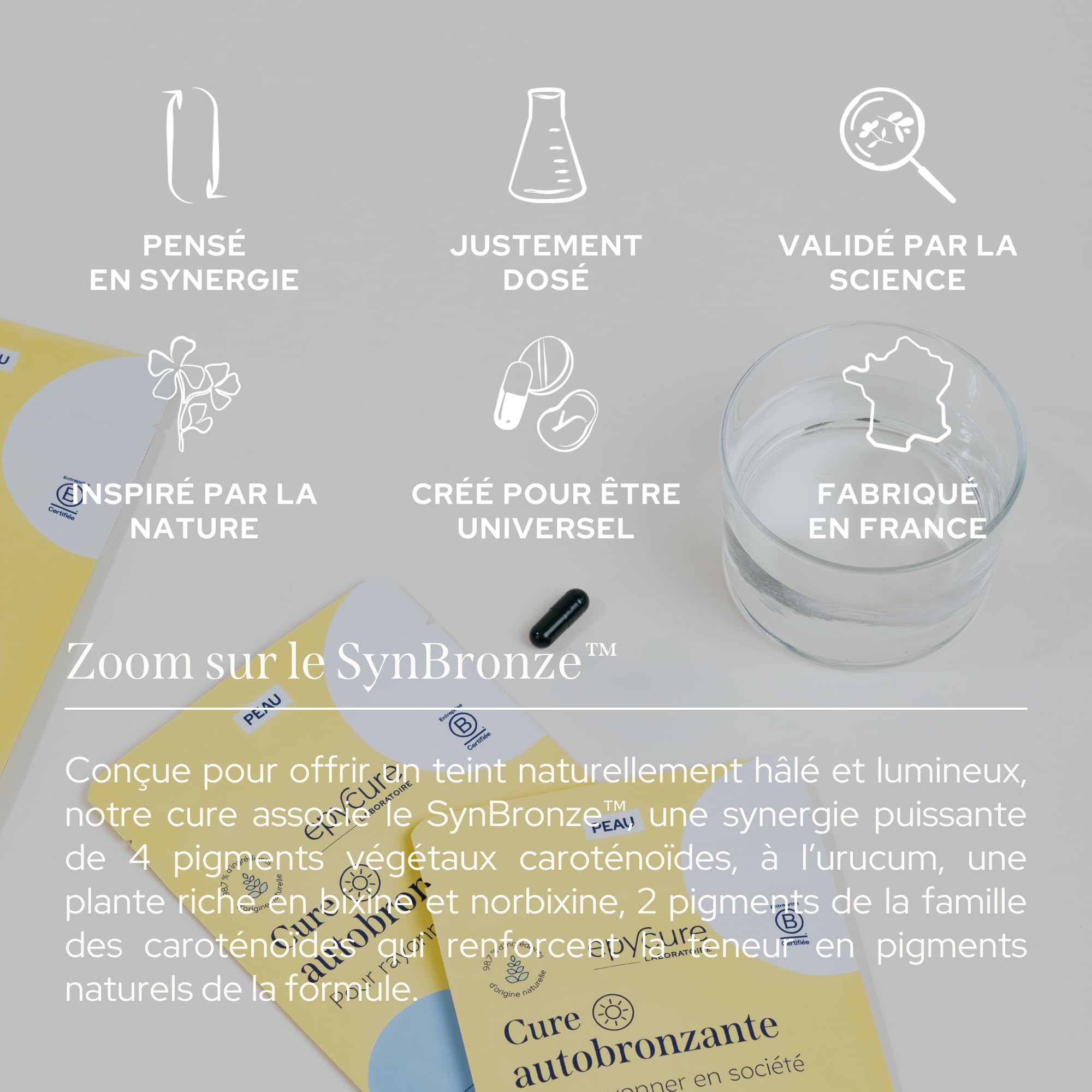 EPYCURE - Cure Autobronzante - Teint Hâlé et Bronzé Naturel sans Soleil - 98% Naturel - Pigments Végétaux, Urucum, Vitamines & Minéraux - 1 Mois - Tous Types de Peaux - Vegan - Fabriqué en France