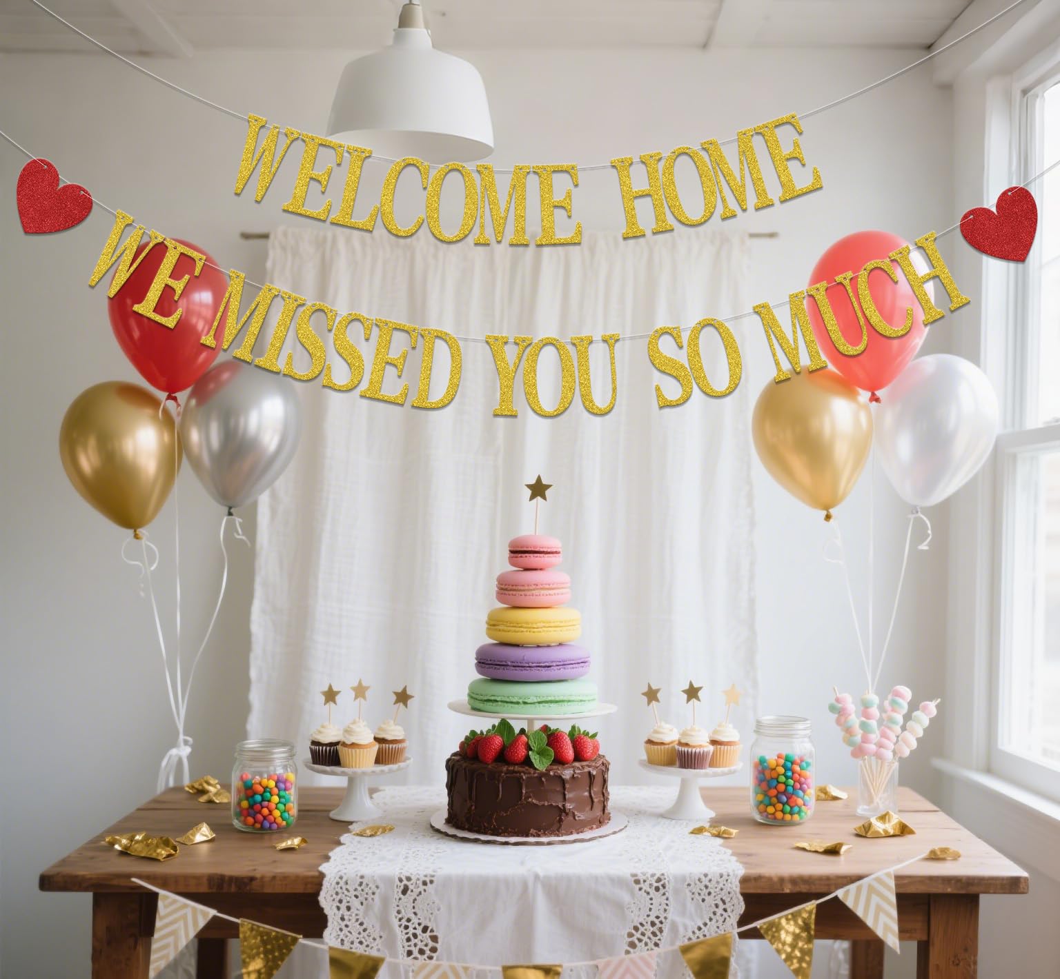Welcome Home We Missed You So Much Banner,Welcome Back Family Party Decoartion,Homecoming Graduation Party Supplies Gold Red Double-Sided - Image 4