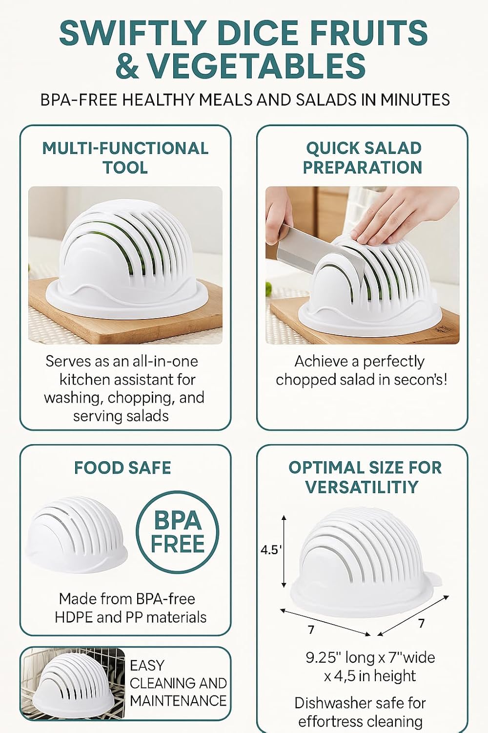 Salad Cutter Bowl and Chopper In One Fruit Vegetable Chopper, Chop Fresh Vegetables and Fruits in Seconds BPA Free Make Healthy Foods in a Minute