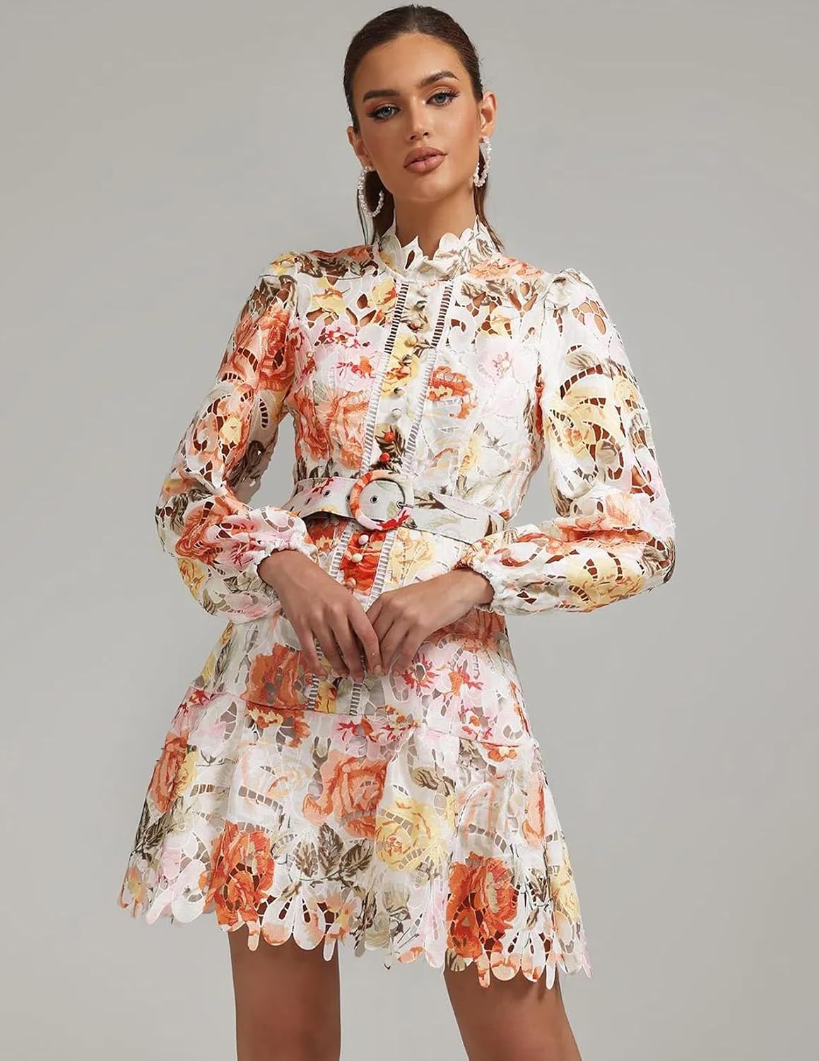 BELLA BARNETT White Printed Cutout Mini Mock Neck Long Sleeve Wrap Dress Elegant Women Fall Wedding Guest Dress