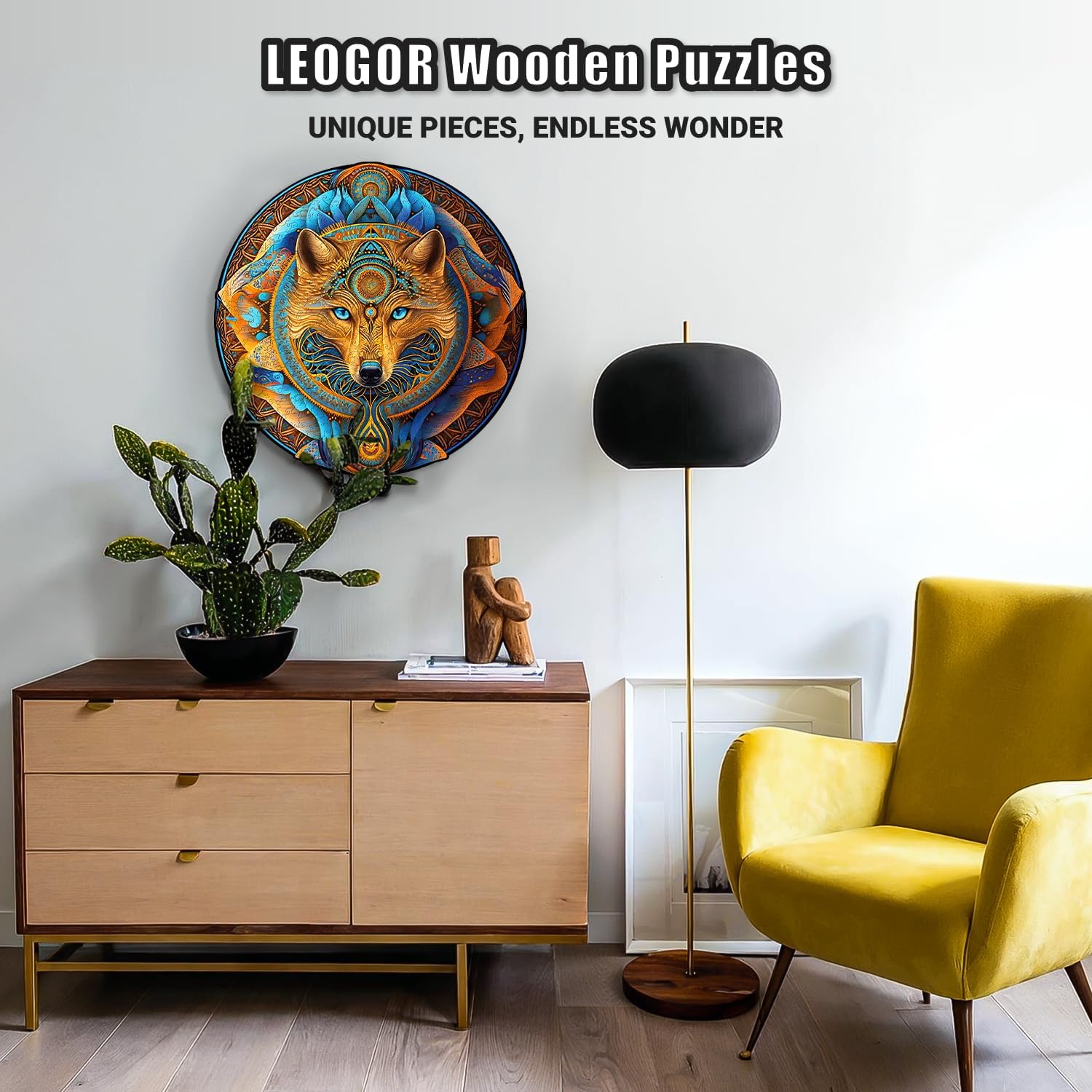 LEOGOR Wooden Jigsaw Puzzles for Adults (15 × 14.8 in), Large 350 Piece Wolf Puzzle with Unique Mosaic Shapes, Extra-Thick 5 mm Wood, Challenging Round Brain Teaser, Premium Gift for Adults