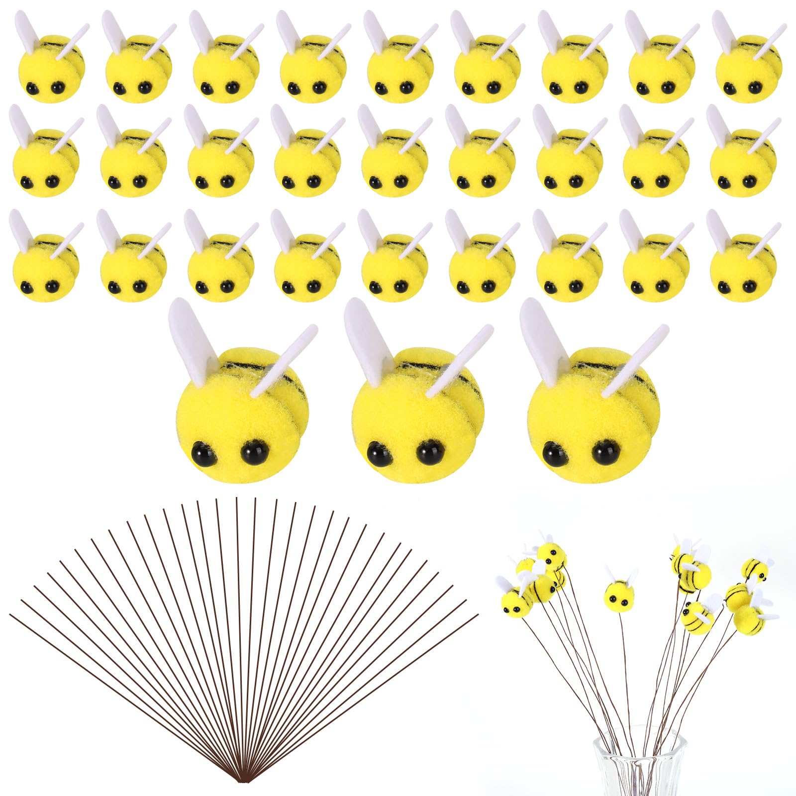 Fukaisu 30pcs Felt Bees & 30pcs Stem Wires, Honey Bee Sticks Branch Picks