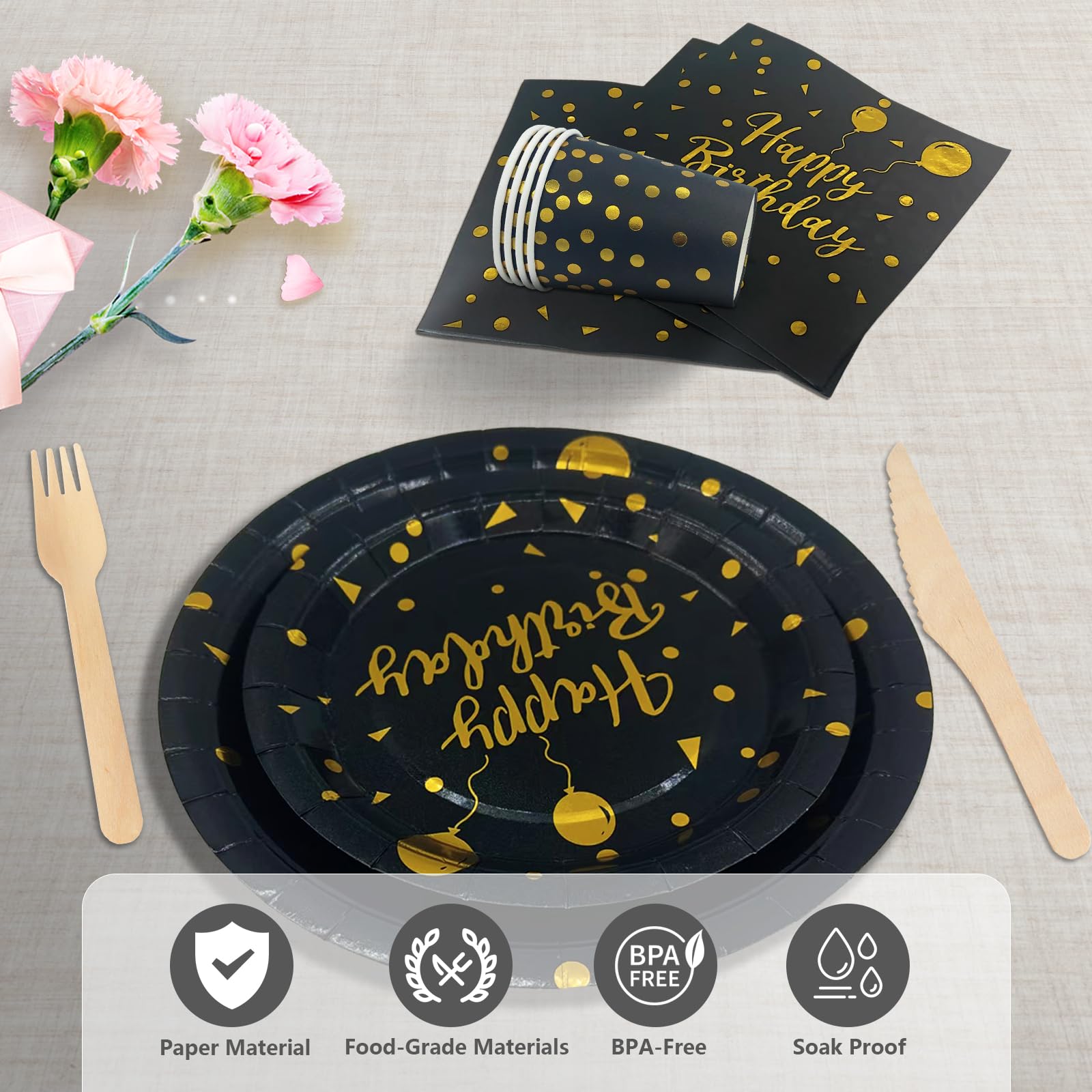 Compleanno Stoviglie Oro Nero 193 Pezzi Set Include Piatti, Tovaglioli, Tazze di Carta, Adatto a Tutti i tipi di Feste a Tema -24 Ospiti