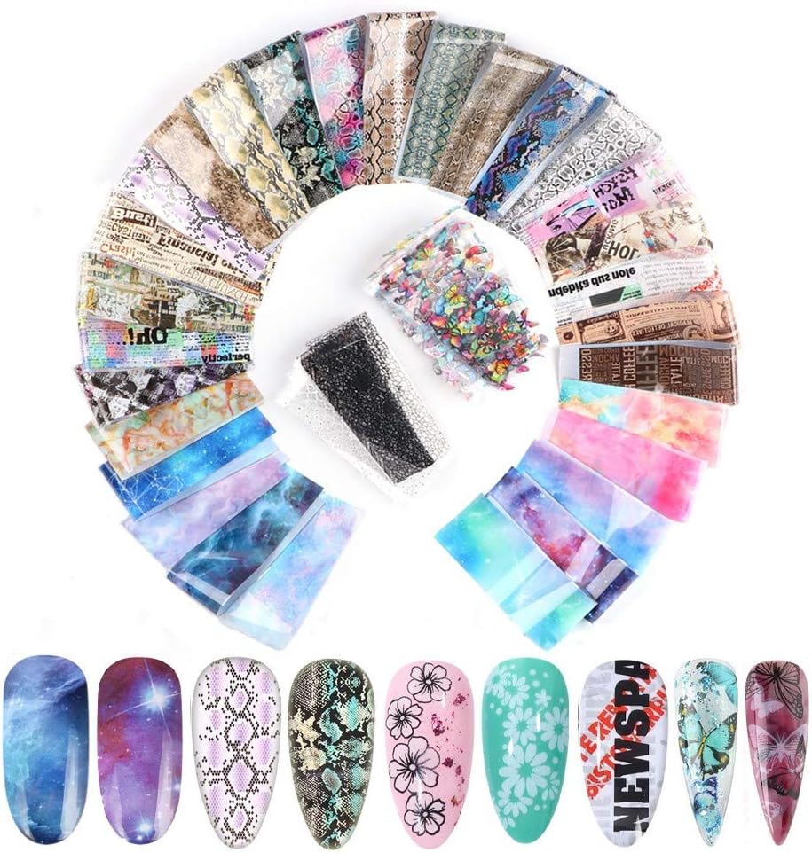 50 Sheets Nail Art Foil Transfer Decals，CHANGAR Popular Nail Foil Stickers Snake Print Butterfly Sky Newspaper Black White Laces Pattern Manicure Transfer Tips Nail Art DIY Decoration Kit
