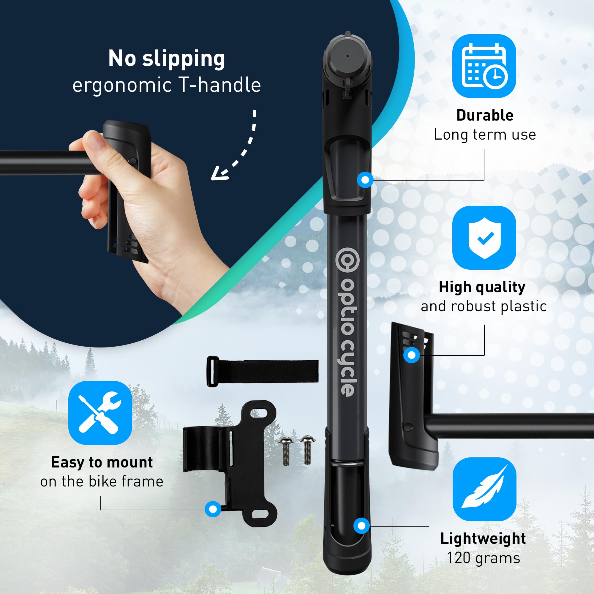 Mini Bike Pump 120 PSI / 8.3 Bar - Compact Portable Bicycle Hand Pump for Presta Schrader Valve, Grey - Image 3