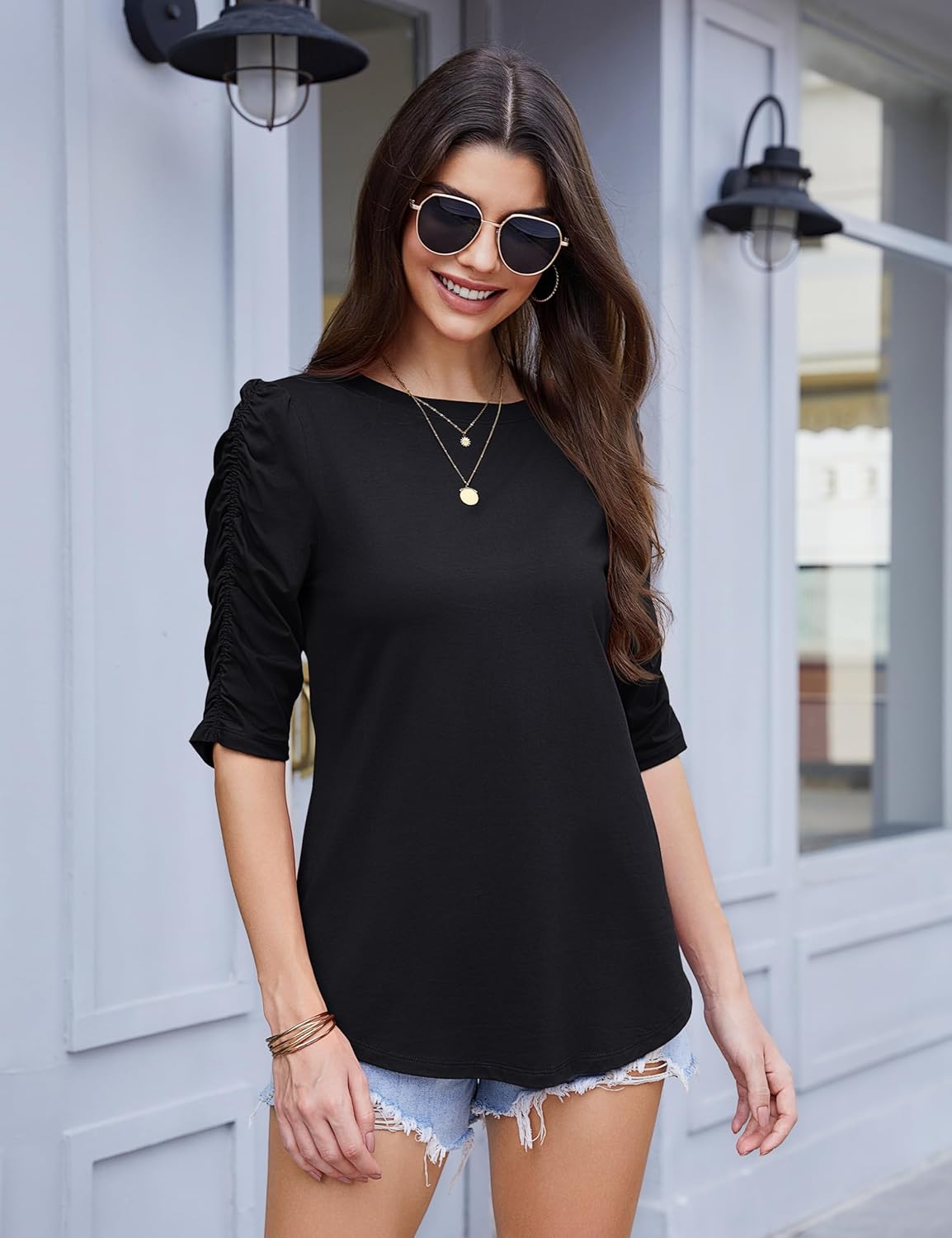 YUCOLEN Women's Crewneck T-Shirt Ruffle Half Sleeve Tops 2026 Casual Curved Hem Blouse Tee Shirts - Image 3