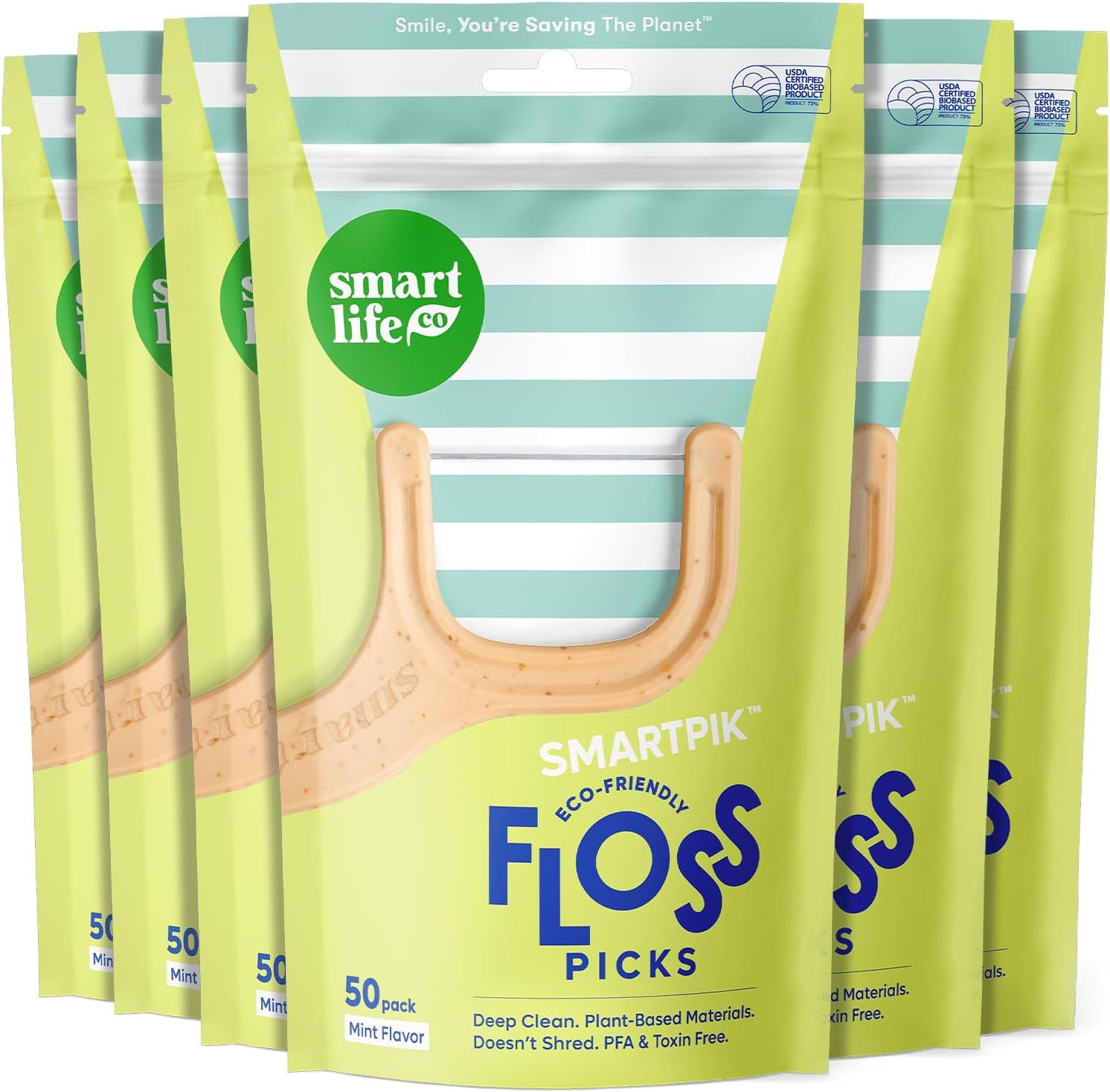 SmartLifeco Biodegradable* Dual Thread Dental Floss Picks – Thin Thread Tooth Flossers for Adults & Kids, Eco-Friendly Handle, Toothpick Soft on Gum & Teeth, Compostable* Zero Waste Vegan, 300 Mint