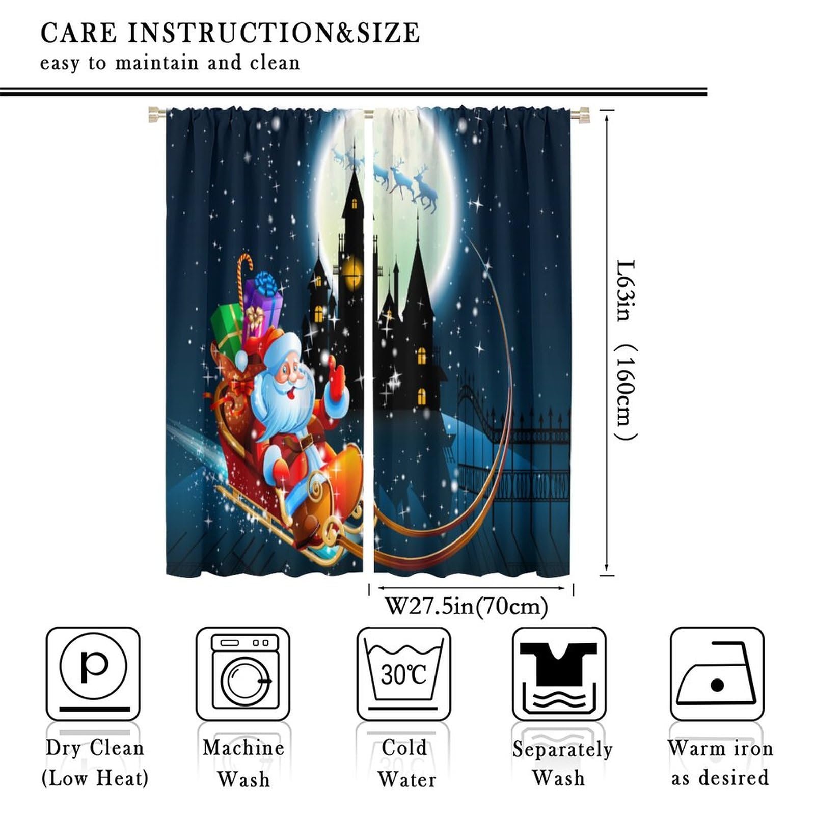 JESTRONRY Merry Christmas Curtains, Cartoon Xmas Santa Claus Reindeers Sleigh Present Boxes Castle Night Starry Sky Theme Home Fabric Kids Boy Girl Bedroom Window Drapes Decor 55x63in