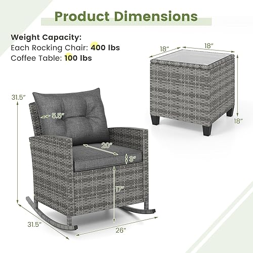 Miniatura 4 de Tangkula Juego de mecedoras de mimbre de 3 piezas, sillas roker de ratán para patio con mesa de vidrio templado y cojines suaves, juego de muebles